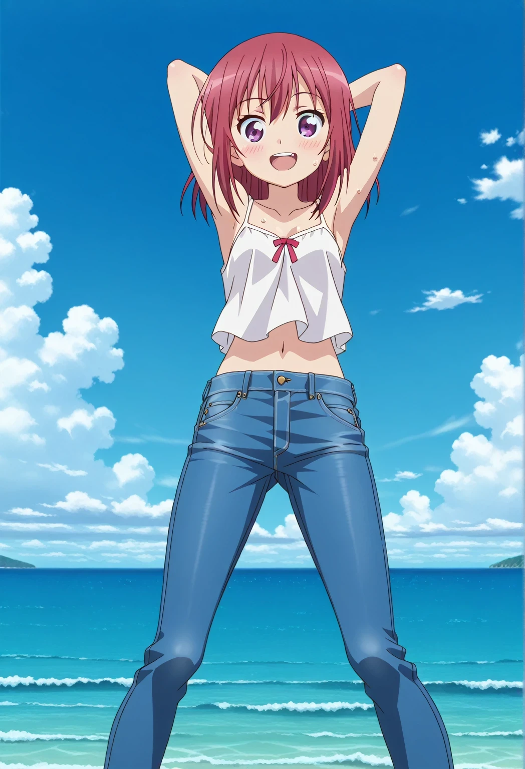 score_9, score_8_up, score_7_up, source_anime, highres, hi res, ((best quality, top quality, perfect quality, Highest Quality, amazing quality)), {{masterpiece}}, {{an extremely delicate and beautiful}}, 2d, intricate details, official style, anime, 8k, anime style, official_anime, official art, digital painting, cell shading, soft shading, high resolution, soothing tones, Subdued Color, Soft cinematic light, adobe lightroom, photolab, HDR, intricately and hyper-detailed, ((high quality animation)), 1 girl, Alone, solo, ((ocean)), tsunami, on the water, day, sunny, outdoors, sky, windy, Kanzaki Tomoyo, Inou Battle wa Nichijou-kei no Naka de, purple eyes, red hair, medium hair, anime coloring, anime screencap, small , white camisole top, crop top, white crop top, best quality, hyper-detailed jeans, ((blue jeans:1.9)), (dark blue jeans:0.6), full medium body, medium shot, Open mouth, smiling, happy face, blush, sweat, standing, ((arms behind head:6.0)), ((perfect arm line:2.5)), bowlegged, jumping pose, action, looking at viewer, , Bend knees slightly, straight-on front view