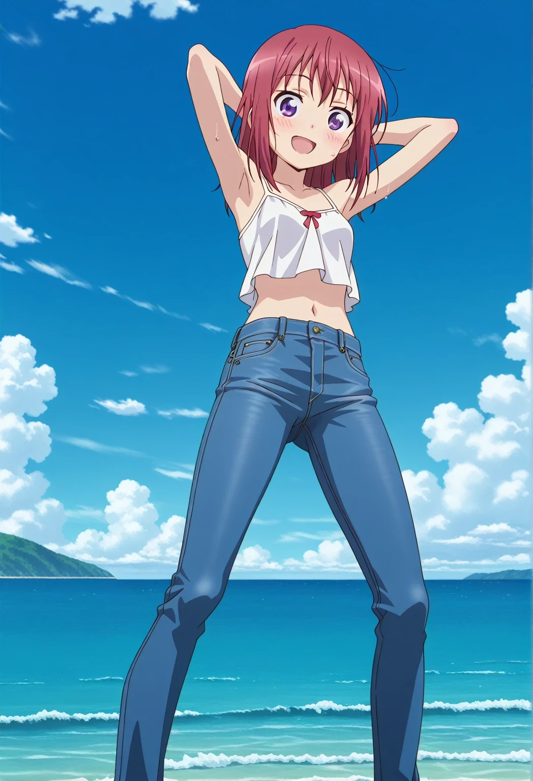 score_9, score_8_up, score_7_up, source_anime, highres, hi res, ((best quality, top quality, perfect quality, Highest Quality, amazing quality)), {{masterpiece}}, {{an extremely delicate and beautiful}}, 2d, intricate details, official style, anime, 8k, anime style, official_anime, official art, digital painting, cell shading, soft shading, high resolution, soothing tones, Subdued Color, Soft cinematic light, adobe lightroom, photolab, HDR, intricately and hyper-detailed, ((high quality animation)), 1 girl, Alone, solo, ((ocean)), tsunami, on the water, day, sunny, outdoors, sky, windy, Kanzaki Tomoyo, Inou Battle wa Nichijou-kei no Naka de, purple eyes, red hair, medium hair, anime coloring, anime screencap, small , white camisole top, crop top, white crop top, best quality, hyper-detailed jeans, ((blue jeans:1.9)), (dark blue jeans:0.6), full medium body, medium shot, Open mouth, smiling, happy face, blush, sweat, standing, ((arms behind head:6.0)), ((perfect arm line:2.5)), bowlegged, jumping pose, action, looking at viewer, , Bend knees slightly, straight-on front view