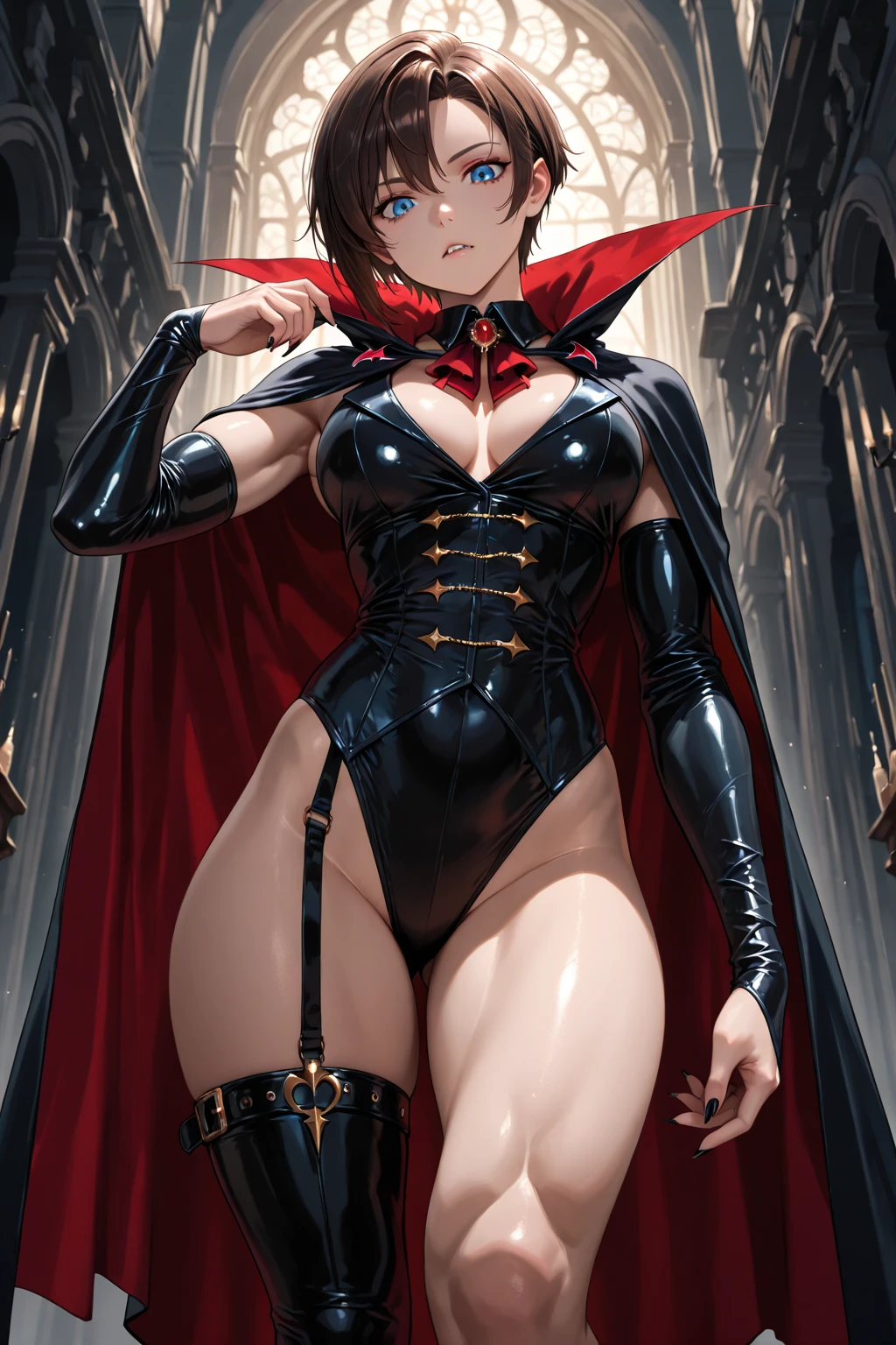 (masterpiece, computer, mejor quality, Clear focus, shadow, anime style, ultra high resolution, 8K, perfect anatomy, rostro perfecto, (detailed face), ( Detailed eye ), score_9, score_8_up, score_7_up, score_6_up, score_5_up, score_4_up, source _Animated, Label 1, Label2, quality_masterpiece, Anatomically Correct, beautiful face, rostro perfecto, Beautiful and highly detailed face and eyes, Attractive face, detailed face, Delicate facial features, detailed leather, pechos enormes, breast size cup D or DD, caderas anchas, gigantic butt texture, thick thighs. Anime style illustration with a sensual and attractive appearance, in a gothic and fantastic environment, with a dark cemetery background lit by the full moon. she has short hair, black with purple-tinted tips, straight bangs and a piercing and serious look. She wears dark makeup with red lips and marked eyeliner, as well as golden earrings. Her outfit is a tight and revealing vampire-style suit in dark red with gold details, with cuts that leave much of her torso exposed. She also wears long black leather gloves and a black cape that extends to the ground. Her nails are painted red. The pose is elegant and powerful, with one hand raised as if she were casting a spell. The environment is supernatural , with , tombstones, purple mist and dry tree branches in the background. Dim lighting with bluish and violet tones that reinforce the dark and mystical style of the scene.