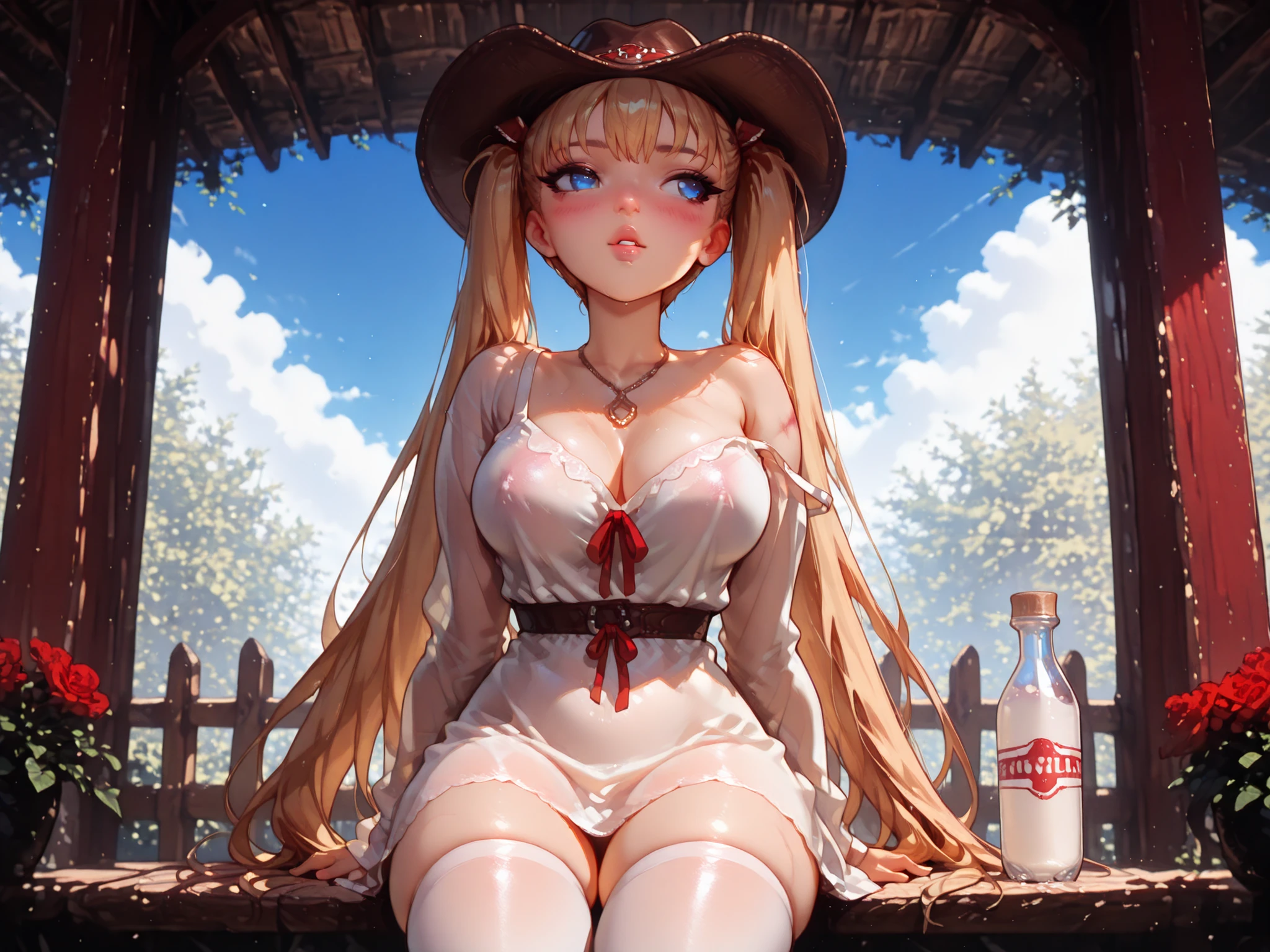 Airi Akizuki \(oni chichi\) a young cute cowgirl sitting on a wooden fence, relaxed pose, drinking milk from a glass bottle with a straw, wide-brimmed cowboy hat slightly tilted back, white dress sitting among a floral arrangement, the image also shows soft lighting and elegant decor. on the middle of the image, a 1girl, with long blonde hair, is sitting with her legs crossed and her hands resting on her thighs. outside a rustic western saloon. she is wearing a white, long-sleeved dress with a plunging neckline that reveals her large breasts. her hair is styled in loose waves and falls down her back. and she has a serene expression on her face. the woman is facing away from the viewer, and her body is positioned in a way that showcases her curves. a lazy sunny afternoon on a ranch, cows grazing in the distance, barn in background, sunlight filters through light clouds, warm wind blowing gently, nostalgic countryside feeling, peaceful and wholesome atmosphere , with a focus on the natural beauty of the scene. 1girl, solo, unrivaled beauty, whole body, petite build, bangs, looking to the side, thighs, skin tight, skindentation, strap slip, red ribbon, long twintails, vivid eyes, shine eyes, juicy lips, parted lips, blue eyes, see-through clothes, very long hair, , necklace, neckerchief, sexually suggestive, long eyelashes, blush, injury, slim hips, slim figure, slim waist, big eyes, good-looking, steaming body, young seductress, lips, young little woman, dramatic angle, dynamic pose, beautiful eyes, beautiful face, beautiful hair,Masterpiece , best quality , (ultra-detailed) , amazing quality , very aesthetic , illustration , perfect composition , intricate details , absurd ,((4k,8k,Ultra HD)),((Masterpiece :1.2)),((Best quality :1.2)),((Detailed :1.5)),((Detailed background :1.5)), 00s.
