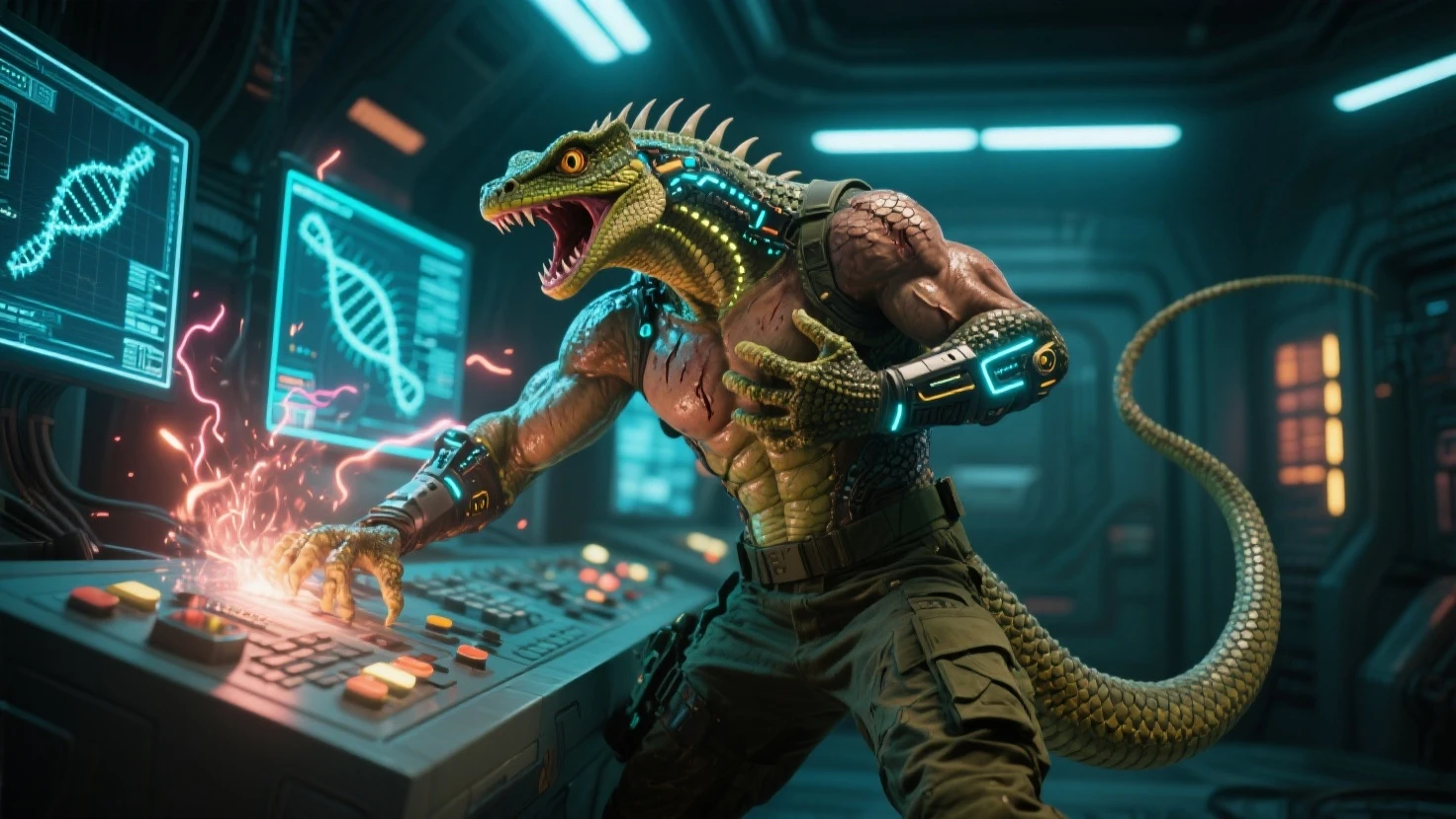 <lora:feralraptorxl:0.86>, feralraptorxl, source_furry_feral, solo, riptar (killer instinct), cowboy shot, beautiful, portrait, flat , curvy, (wet, sweat), lizard tail, bedroom eyes, (open mouth:0.7), glistening, scales, , flirtatious, realistic detailed skin, portrait, upper body, dynamic pose, dutch angle, fangs, face focus, mouth focus, looking at viewer, detailed scales, detailed military base background, indoors, scifi, industrial, (dark, dark atmosphere:1.3), at night
score_9, score_8_up, score_7_up,  <lora:add-detail-xl:1.4>,