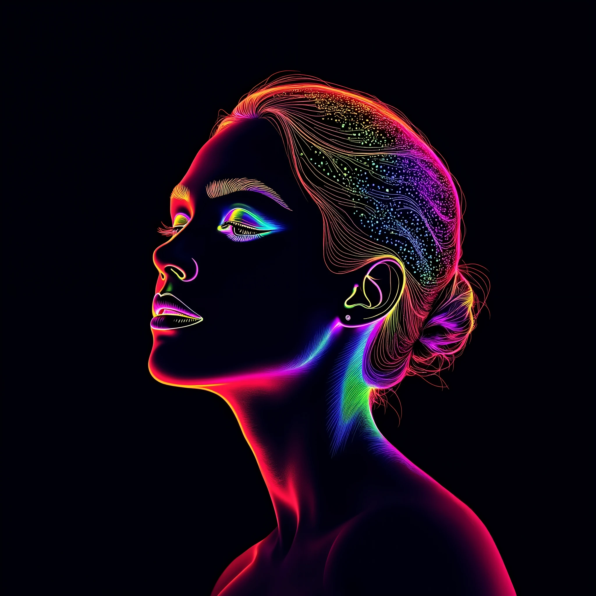 profile face of woman, digital art of in the style of dot matrix
with rainbow gradients on a black background, 2D vector graphics
illustrations in a bright color style with white outlines