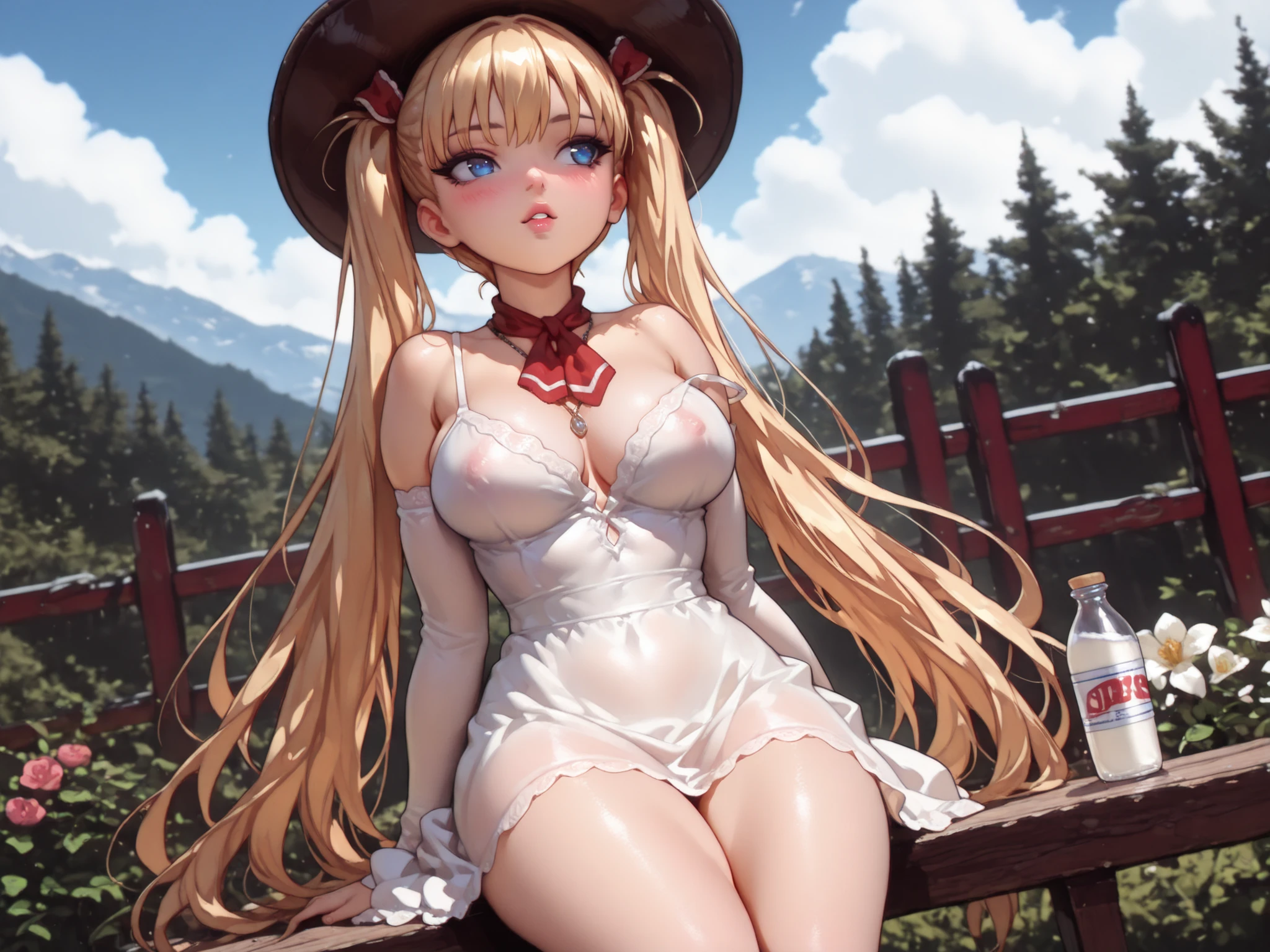 Airi Akizuki \(oni chichi\) a young cute cowgirl sitting on a wooden fence, relaxed pose, drinking milk from a glass bottle with a straw, wide-brimmed cowboy hat slightly tilted back, white dress sitting among a floral arrangement, the image also shows soft lighting and elegant decor. on the middle of the image, a 1girl, with long blonde hair, is sitting with her legs crossed and her hands resting on her thighs. outside a rustic western saloon. she is wearing a white, long-sleeved dress with a plunging neckline that reveals her large breasts. her hair is styled in loose waves and falls down her back. and she has a serene expression on her face. the woman is facing away from the viewer, and her body is positioned in a way that showcases her curves. a lazy sunny afternoon on a ranch, cows grazing in the distance, barn in background, sunlight filters through light clouds, warm wind blowing gently, nostalgic countryside feeling, peaceful and wholesome atmosphere , with a focus on the natural beauty of the scene. 1girl, solo, unrivaled beauty, whole body, petite build, bangs, looking to the side, thighs, skin tight, skindentation, strap slip, red ribbon, long twintails, vivid eyes, shine eyes, juicy lips, parted lips, blue eyes, see-through clothes, very long hair, , necklace, neckerchief, sexually suggestive, long eyelashes, blush, injury, slim hips, slim figure, slim waist, big eyes, good-looking, steaming body, young seductress, lips, young little woman, dramatic angle, dynamic pose, beautiful eyes, beautiful face, beautiful hair,Masterpiece , best quality , (ultra-detailed) , amazing quality , very aesthetic , illustration , perfect composition , intricate details , absurd ,((4k,8k,Ultra HD)),((Masterpiece :1.2)),((Best quality :1.2)),((Detailed :1.5)),((Detailed background :1.5)), 00s.