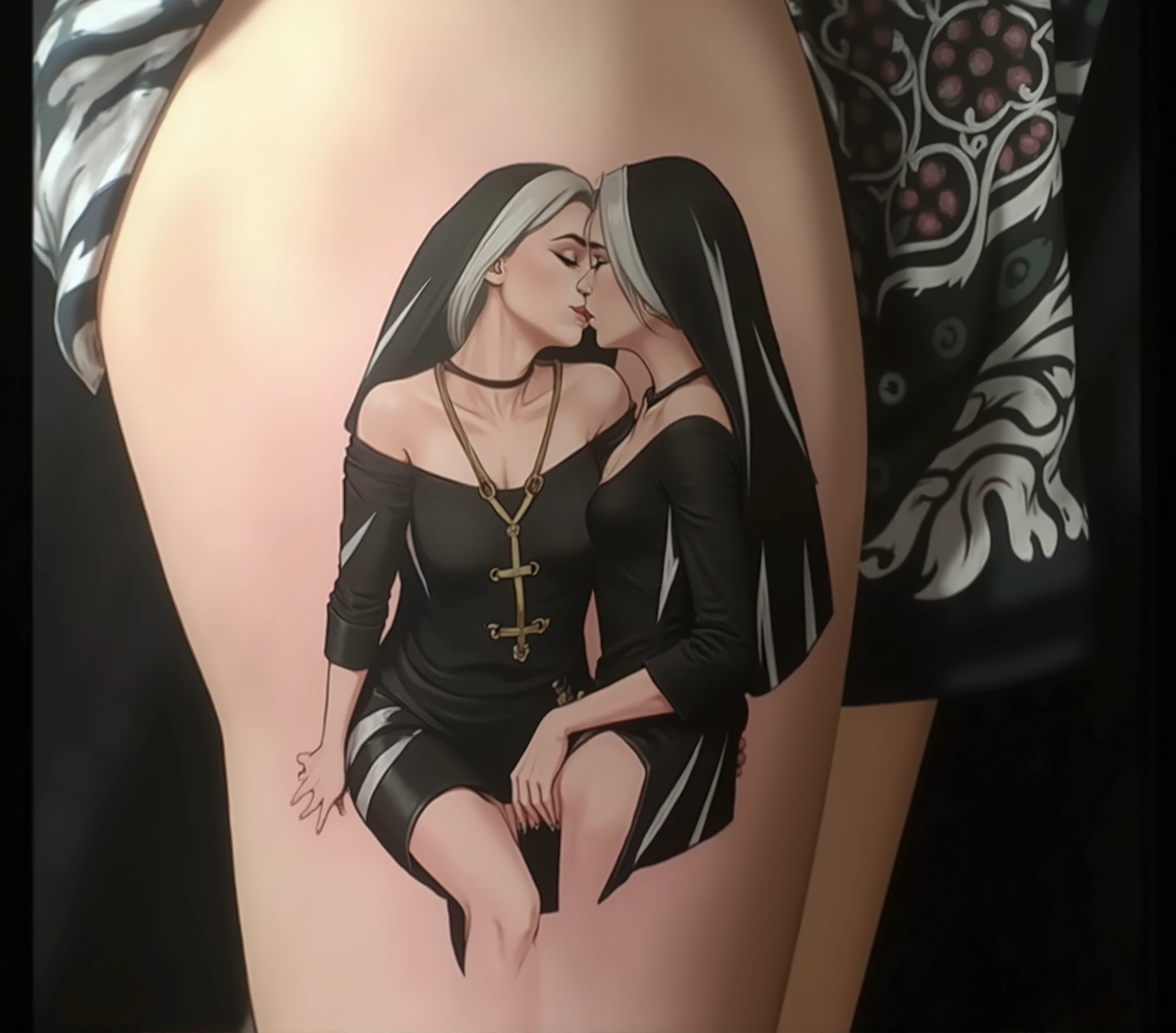 two nuns kissing , beautiful woman's face, passionate expression,hugging body,pele clara,cabelo escuro,vestido branco,igreja ornamentada,parede de pedra,luz filtrada,oil on canvas,impressionista,4k,hdr,ultra detalhado,realista