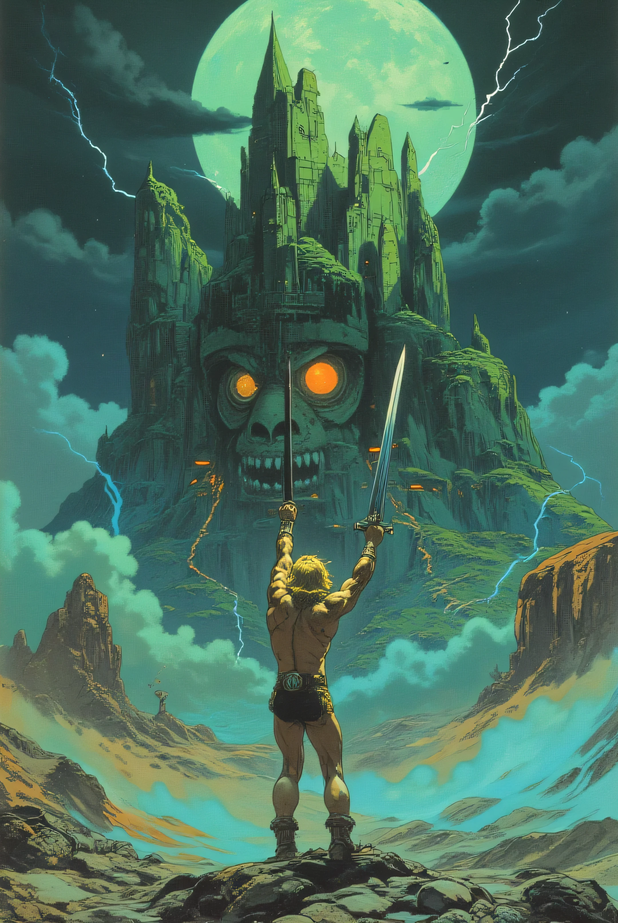 A muscular hero, inspired by He-Man from *Masters of the Universe*, stands before the imposing Castle Grayskull. He raises his arms to the sky in victory, holding his powerful sword in one hand, his blond hair whipping wildly in the wind. His expression is resolute and heroic.
The castle, carved from green rock and shaped like a skull, rises behind him with a mystical aura, surrounded by dark clouds and magical sparkles. The ground is stony, with an atmosphere of supernatural energy and lightning flashing across the sky.
Dramatic and epic lighting, a blend of cool lights and golden highlights, ultra-detailed textures of metal, skin, and stone, cinematic composition with a low-angle shot, a soft depth of field to emphasize the hero, a realistic-fantasy style, and a heroic and legendary tone, like a movie cover or an 80s fantasy poster.