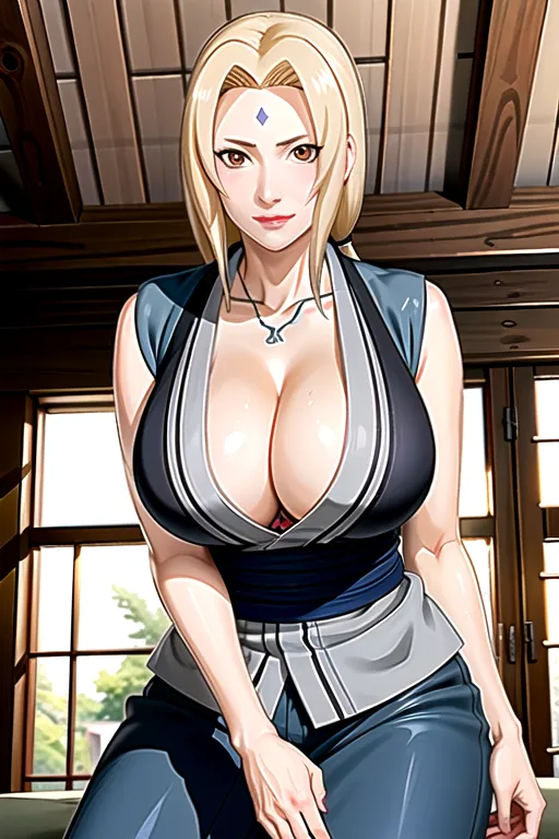 1girll, 独奏, Tsunad, 30 years old, Tsunad, sleeveless, Big red lips, Mature , ninja, Full body, looking, big eyes, The rise of Halima, mature, Big Donkeys, A wonderful smile, wind, Yellow hair