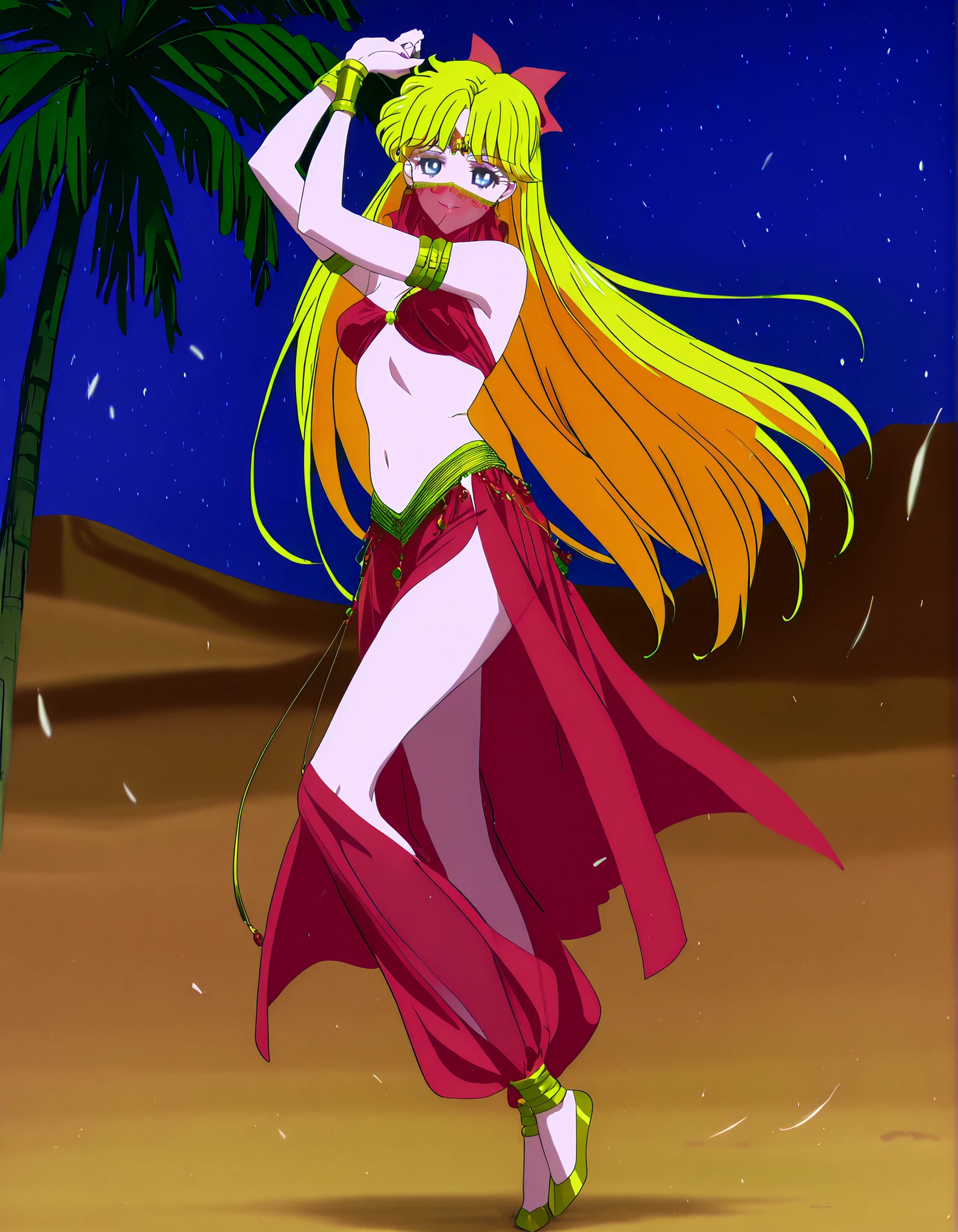 (1girl:1 . 5) , (Seul:1 . 5) , score_9 , score_8_haut , score_7_haut , source_anime , Official work , ultra-detailed , masterpiece , best quality , high resolution , beaux yeux , detailed eyes , Detailed face , beautiful detailed eyes,1girl,long hair, blonde hair, red hair bow, blue eyes,Bishoujo Senshi Sailor Moon,Minako Aino,Arabian Clothes , Arabian Dancer Outfit ,belly dancer costume,belly dancer outfit ,full body,golden jewelery,mouth veil,armlet, belly dancing,night,desert lands,palm tree,seductive smile, dancing with veil, dynamic movement,dance posture, seductive pose