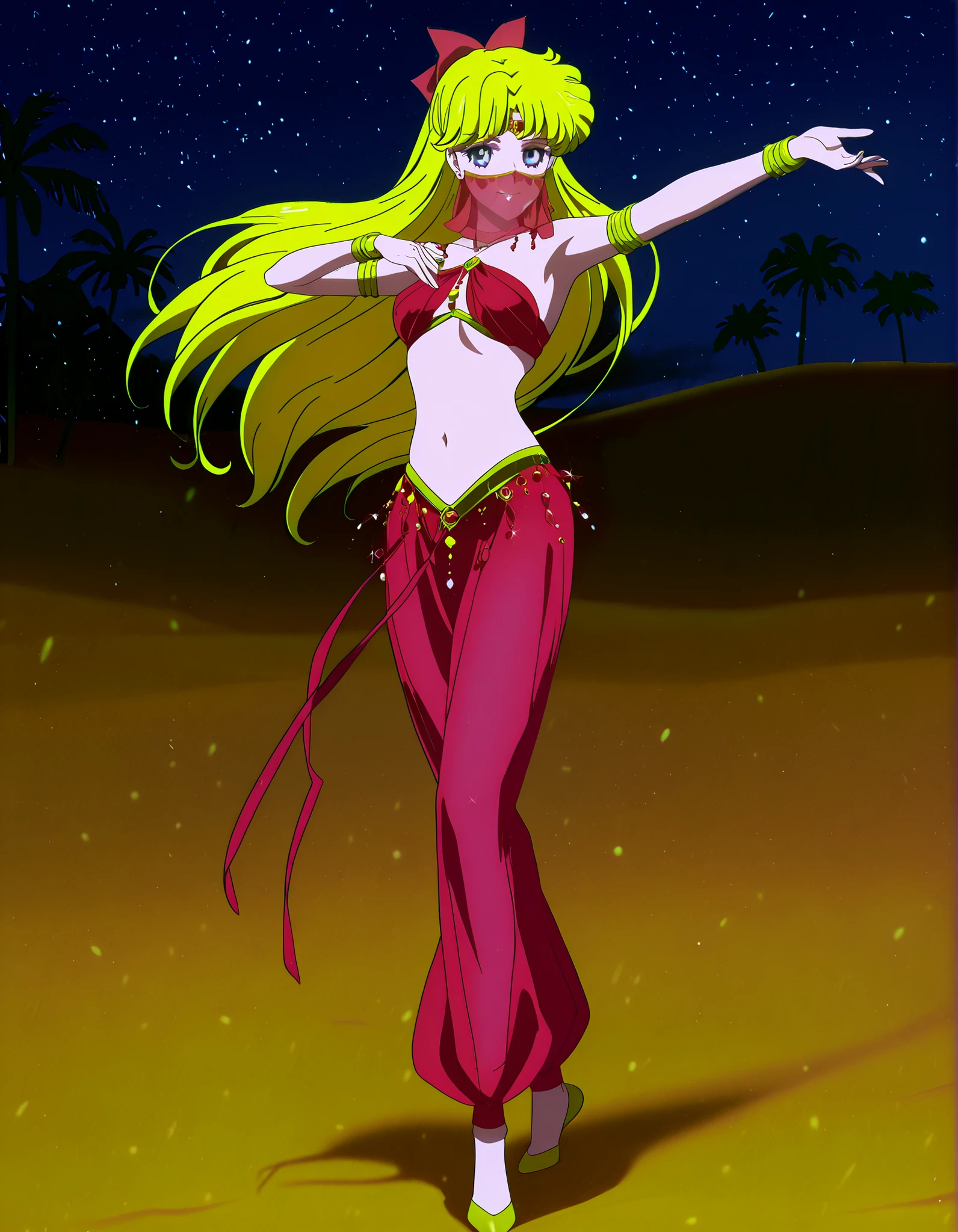 (1girl:1 . 5) , (Seul:1 . 5) , score_9 , score_8_haut , score_7_haut , source_anime , Official work , ultra-detailed , masterpiece , best quality , high resolution , beaux yeux , detailed eyes , Detailed face , beautiful detailed eyes,1girl,long hair, blonde hair, red hair bow, blue eyes,Bishoujo Senshi Sailor Moon,Minako Aino,Arabian Clothes , Arabian Dancer Outfit ,belly dancer costume,belly dancer outfit ,full body,golden jewelery,mouth veil,armlet, belly dancing,night,desert lands,palm tree,seductive smile, dancing with veil, dynamic movement,dance posture, seductive pose