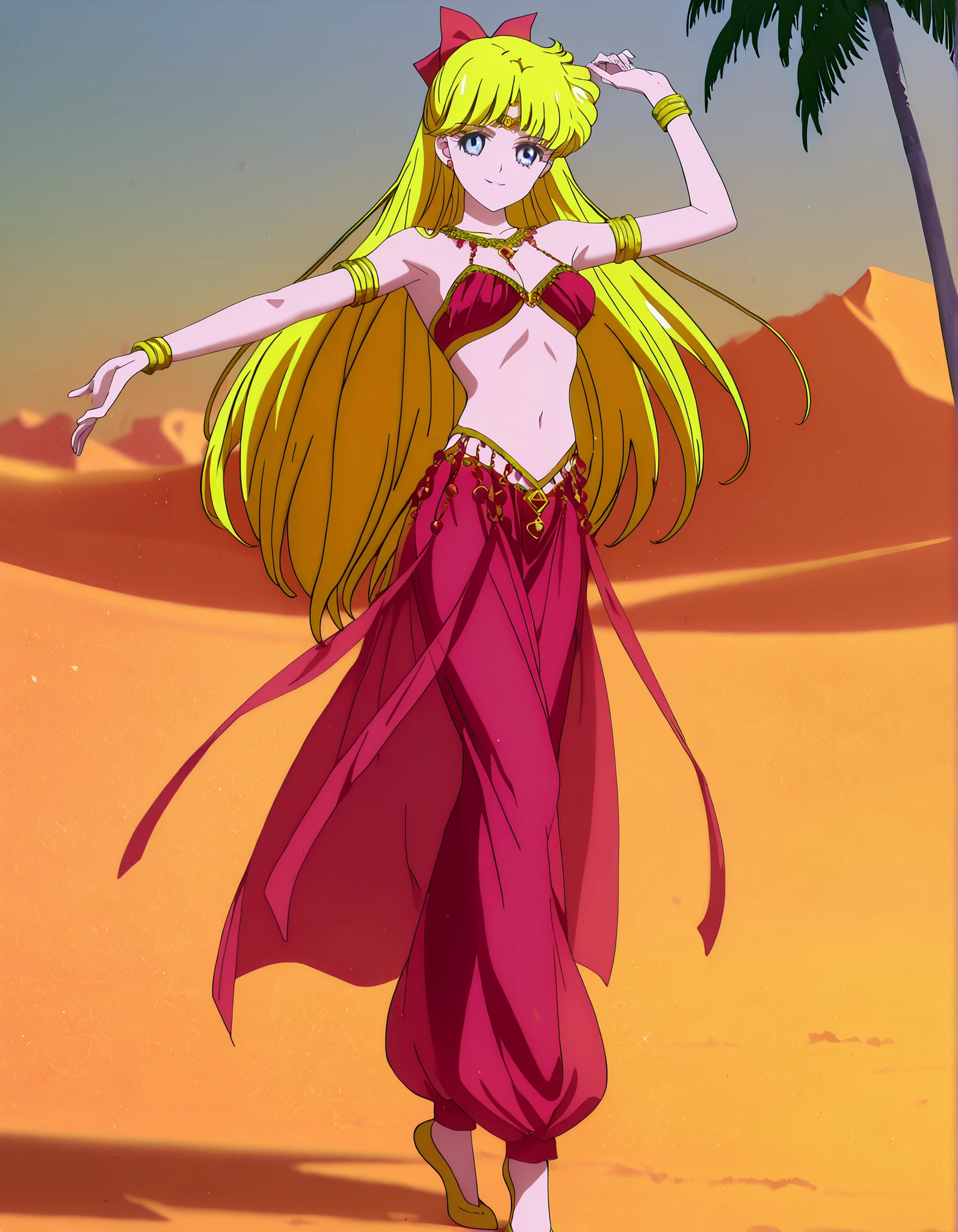 (1girl:1 . 5) , (Seul:1 . 5) , score_9 , score_8_haut , score_7_haut , source_anime , Official work , ultra-detailed , masterpiece , best quality , high resolution , beaux yeux , detailed eyes , Detailed face , beautiful detailed eyes,1girl,long hair, blonde hair, red hair bow, blue eyes,Bishoujo Senshi Sailor Moon,Minako Aino,Arabian Clothes , Arabian Dancer Outfit ,belly dancer costume,belly dancer outfit ,full body,golden jewelery,armlet, belly dancing,desert lands,palm tree,seductive smile, dancing with veil, dynamic movement,dance posture, seductive pose