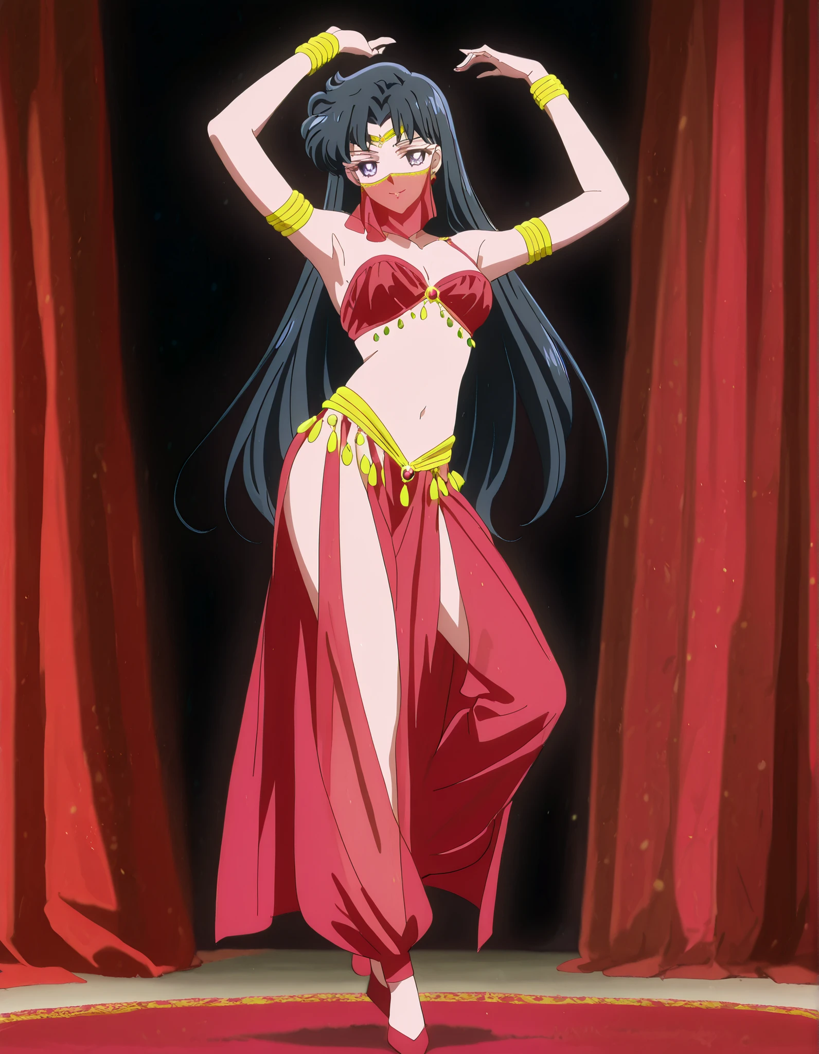 (1girl:1 . 5) , (Seul:1 . 5) , score_9 , score_8_haut , score_7_haut , source_anime , Official work , ultra-detailed , masterpiece , best quality , high resolution , beaux yeux , detailed eyes , Detailed face , beautiful detailed eyes,1girl,black hair,long hair,purple eyes,parted bangs,Bishoujo Senshi Sailor Moon,Rei Hino,Arabian Clothes , Arabian Dancer Outfit ,belly dancer costume,belly dancer outfit ,full body,golden jewelery,mouth veil,armlet, belly dancing,arabian theater,seductive smile, dancing with veil, dynamic movement,dance posture, seductive pose
