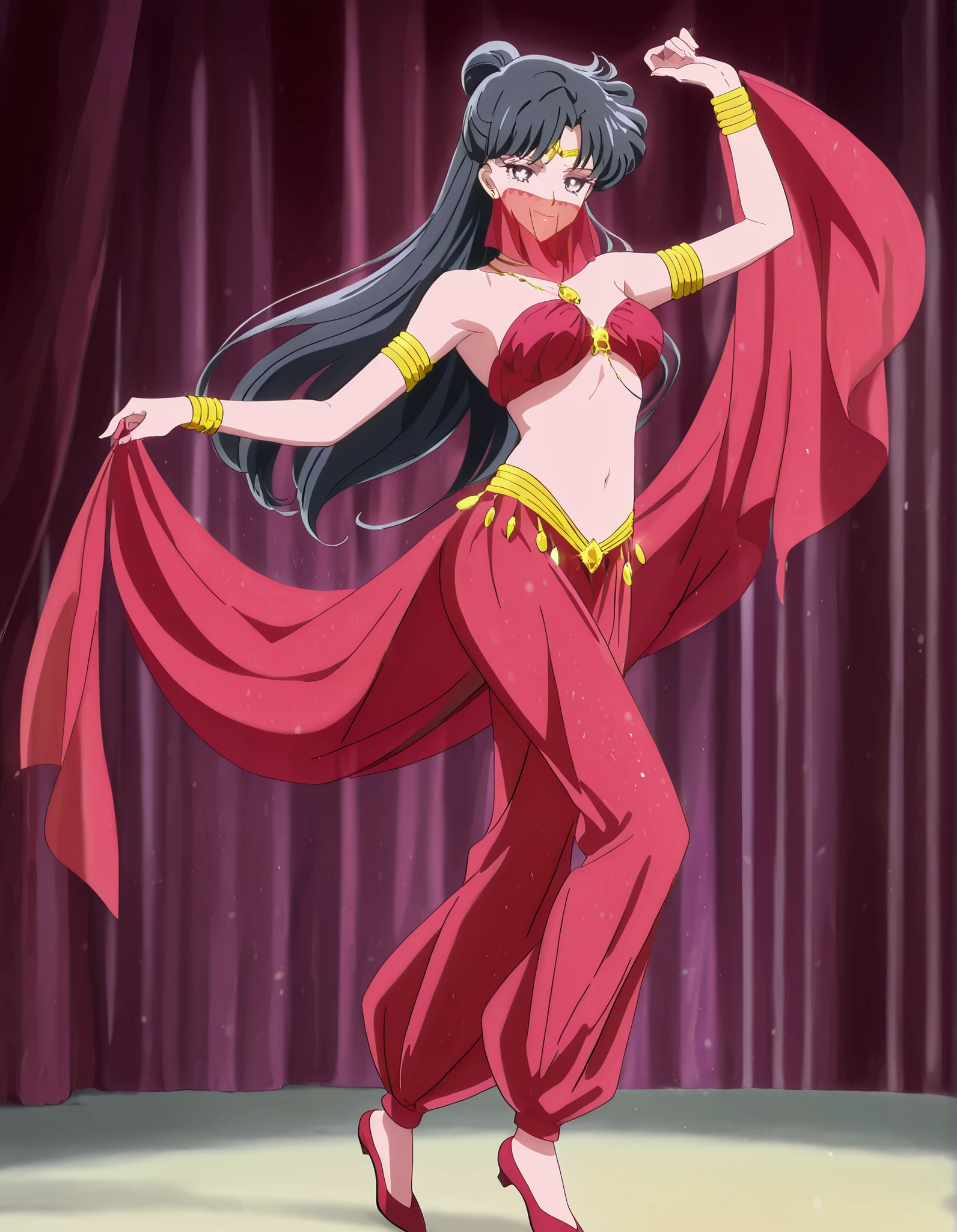 (1girl:1 . 5) , (Seul:1 . 5) , score_9 , score_8_haut , score_7_haut , source_anime , Official work , ultra-detailed , masterpiece , best quality , high resolution , beaux yeux , detailed eyes , Detailed face , beautiful detailed eyes,1girl,black hair,long hair,purple eyes,parted bangs,Bishoujo Senshi Sailor Moon,Rei Hino,Arabian Clothes , Arabian Dancer Outfit ,belly dancer costume,belly dancer outfit ,full body,golden jewelery,mouth veil,armlet, belly dancing,arabian theater,seductive smile, dancing with veil, dynamic movement,dance posture, pose