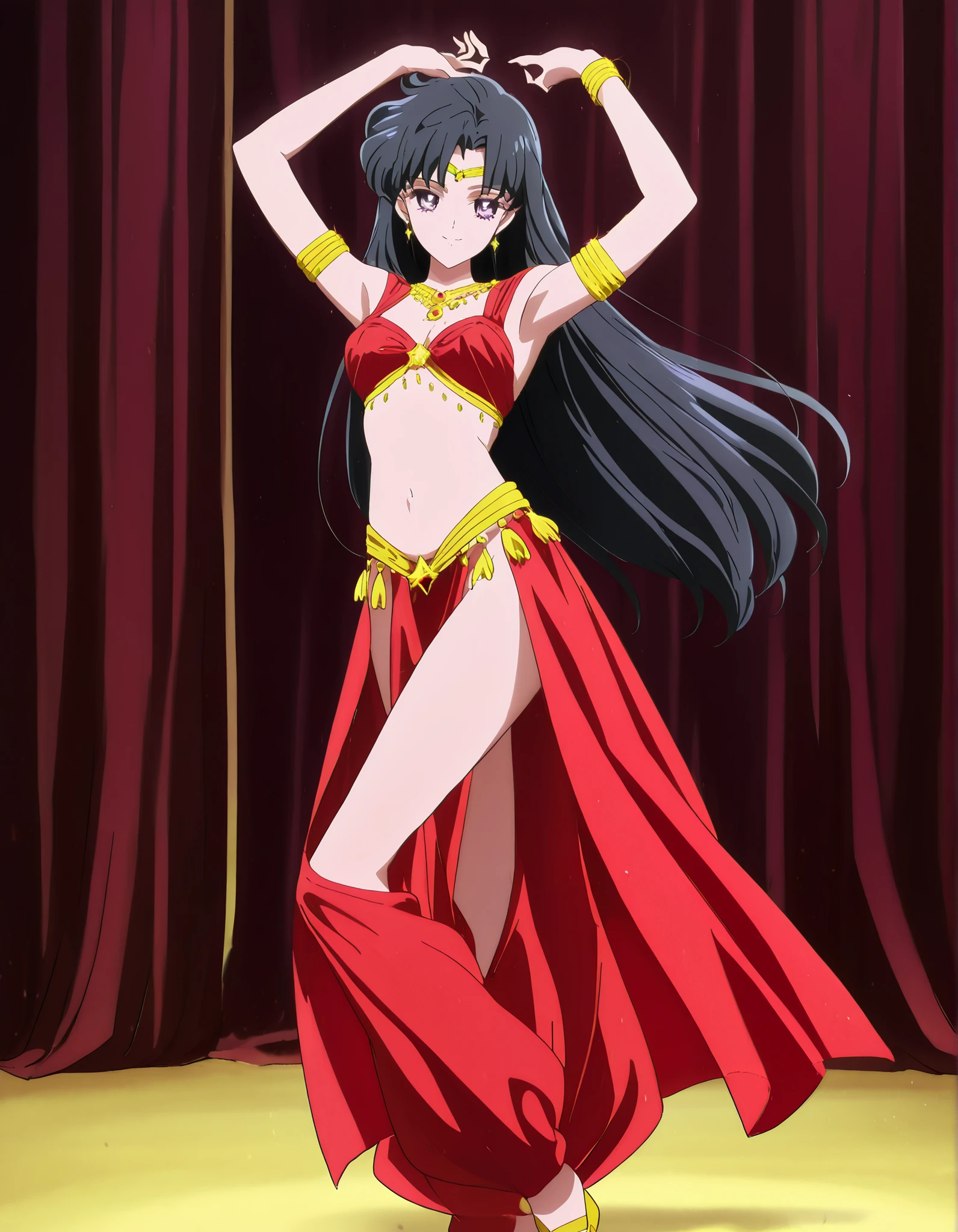 (1girl:1 . 5) , (Seul:1 . 5) , score_9 , score_8_haut , score_7_haut , source_anime , Official work , ultra-detailed , masterpiece , best quality , high resolution , beaux yeux , detailed eyes , Detailed face , beautiful detailed eyes,1girl,black hair,long hair,purple eyes,parted bangs,Bishoujo Senshi Sailor Moon,Rei Hino,Arabian Clothes , Arabian Dancer Outfit ,belly dancer costume,belly dancer outfit ,full body,golden jewelery,armlet, belly dancing,arabian theater,seductive smile, dancing with veil, dynamic movement,dance posture, pose