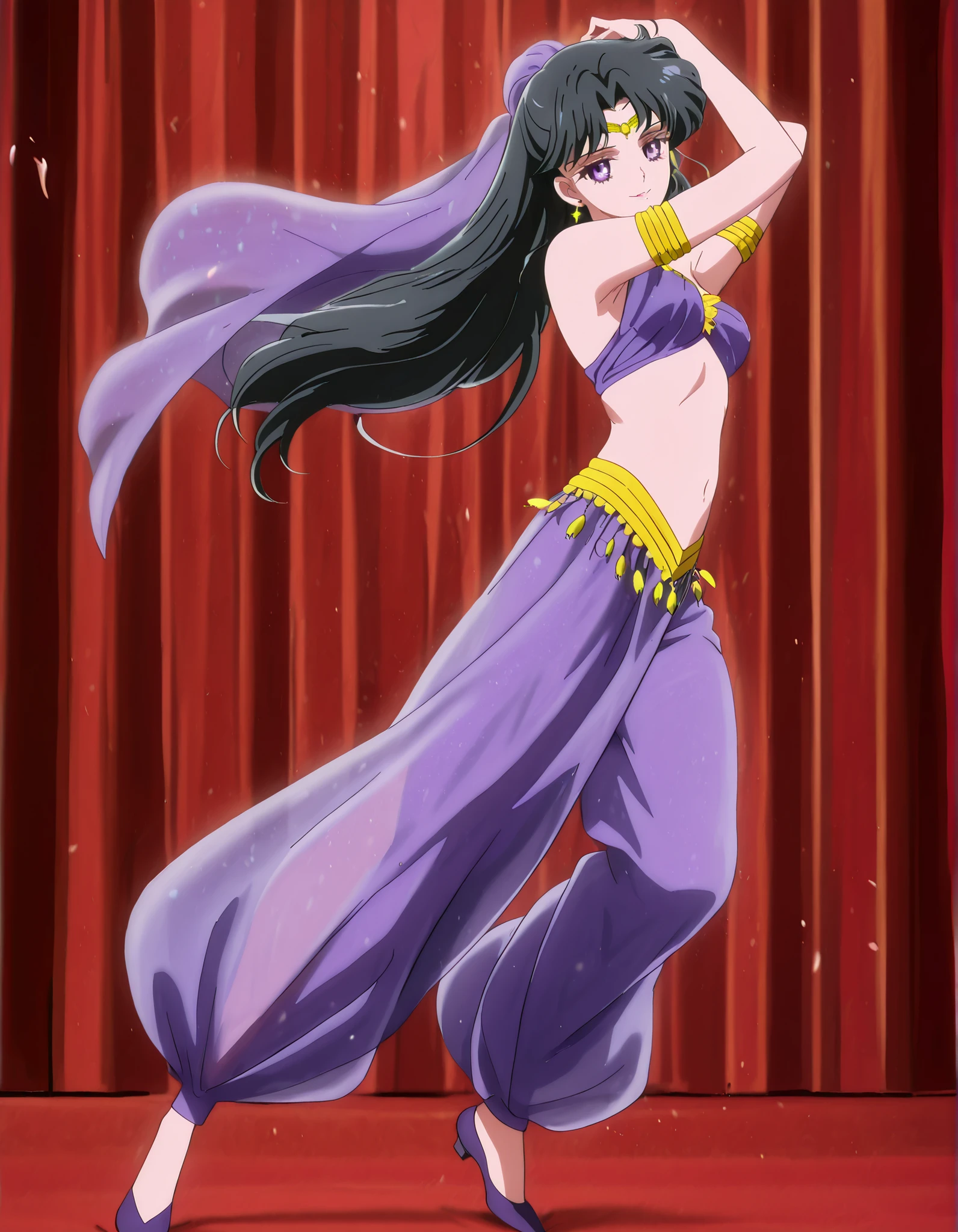 (1girl:1 . 5) , (Seul:1 . 5) , score_9 , score_8_haut , score_7_haut , source_anime , Official work , ultra-detailed , masterpiece , best quality , high resolution , beaux yeux , detailed eyes , Detailed face , beautiful detailed eyes,1girl,black hair,long hair,purple eyes,parted bangs,Bishoujo Senshi Sailor Moon,Rei Hino,Arabian Clothes , Arabian Dancer Outfit ,belly dancer costume,belly dancer outfit ,full body,golden jewelery,armlet, belly dancing,arabian theater,seductive smile, dancing with veil, dynamic movement,dance posture, seductive pose