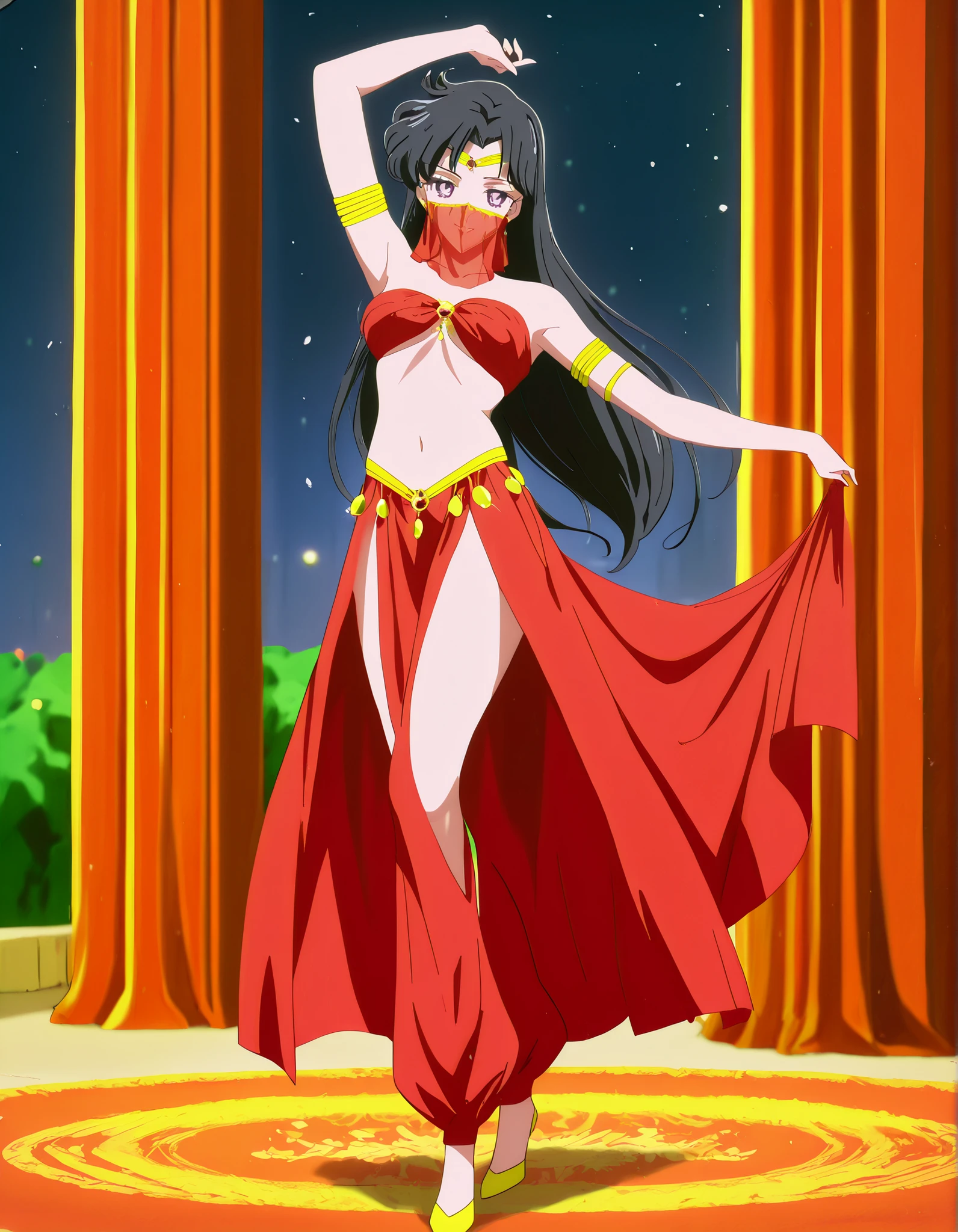 (1girl:1 . 5) , (Seul:1 . 5) , score_9 , score_8_haut , score_7_haut , source_anime , Official work , ultra-detailed , masterpiece , best quality , high resolution , beaux yeux , detailed eyes , Detailed face , beautiful detailed eyes,1girl,black hair,long hair,purple eyes,parted bangs,Bishoujo Senshi Sailor Moon,Rei Hino,Arabian Clothes , Arabian Dancer Outfit ,belly dancer costume,belly dancer outfit ,full body,golden jewelery,mouth veil,armlet, belly dancing,night,arabian garden,seductive smile, dancing with veil, dynamic movement,dance posture, pose