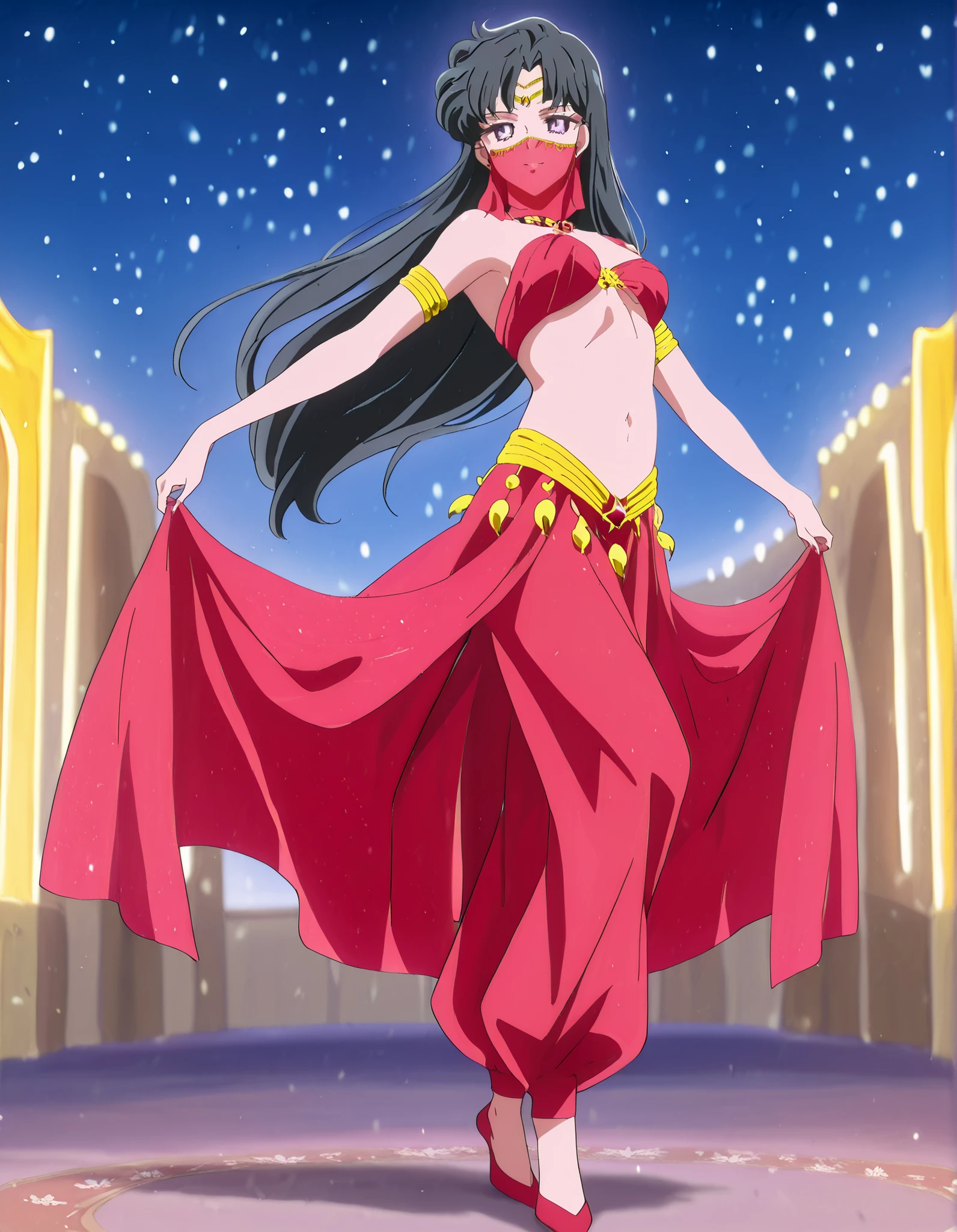 (1girl:1 . 5) , (Seul:1 . 5) , score_9 , score_8_haut , score_7_haut , source_anime , Official work  , ultra-detailed , masterpiece , best quality , high resolution , beaux yeux , detailed eyes , Detailed face , beautiful detailed eyes,1girl,black hair,long hair,purple eyes,parted bangs,Bishoujo Senshi Sailor Moon,Rei Hino,Arabian Clothes , Arabian Dancer Outfit ,belly dancer costume,belly dancer outfit ,full body,golden jewelery,mouth veil,armlet, belly dancing,night,arabian garden,seductive smile, dancing with veil, dynamic movement,dance posture, seductive pose