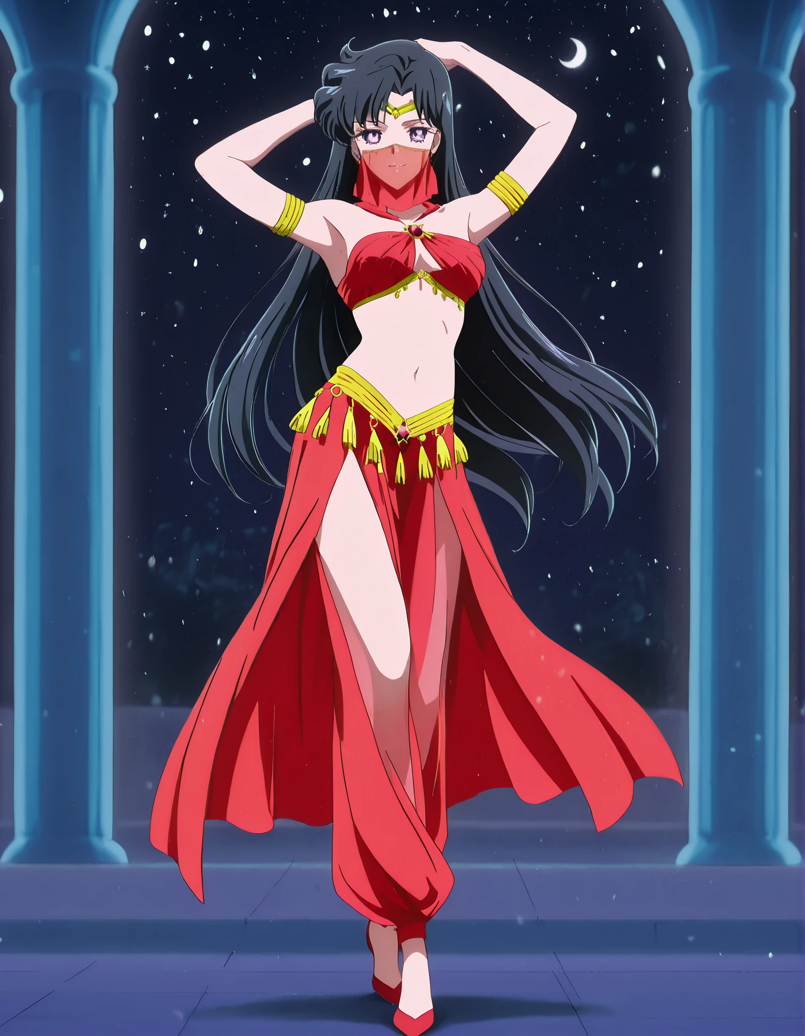 (1girl:1 . 5) , (Seul:1 . 5) , score_9 , score_8_haut , score_7_haut , source_anime , Official work , ultra-detailed , masterpiece , best quality , high resolution , beaux yeux , detailed eyes , Detailed face , beautiful detailed eyes,1girl,black hair,long hair,purple eyes,parted bangs,Bishoujo Senshi Sailor Moon,Rei Hino,Arabian Clothes , Arabian Dancer Outfit ,belly dancer costume,belly dancer outfit ,full body,golden jewelery,mouth veil,armlet, belly dancing,night,arabian garden,seductive smile, dancing with veil, dynamic movement,dance posture, pose