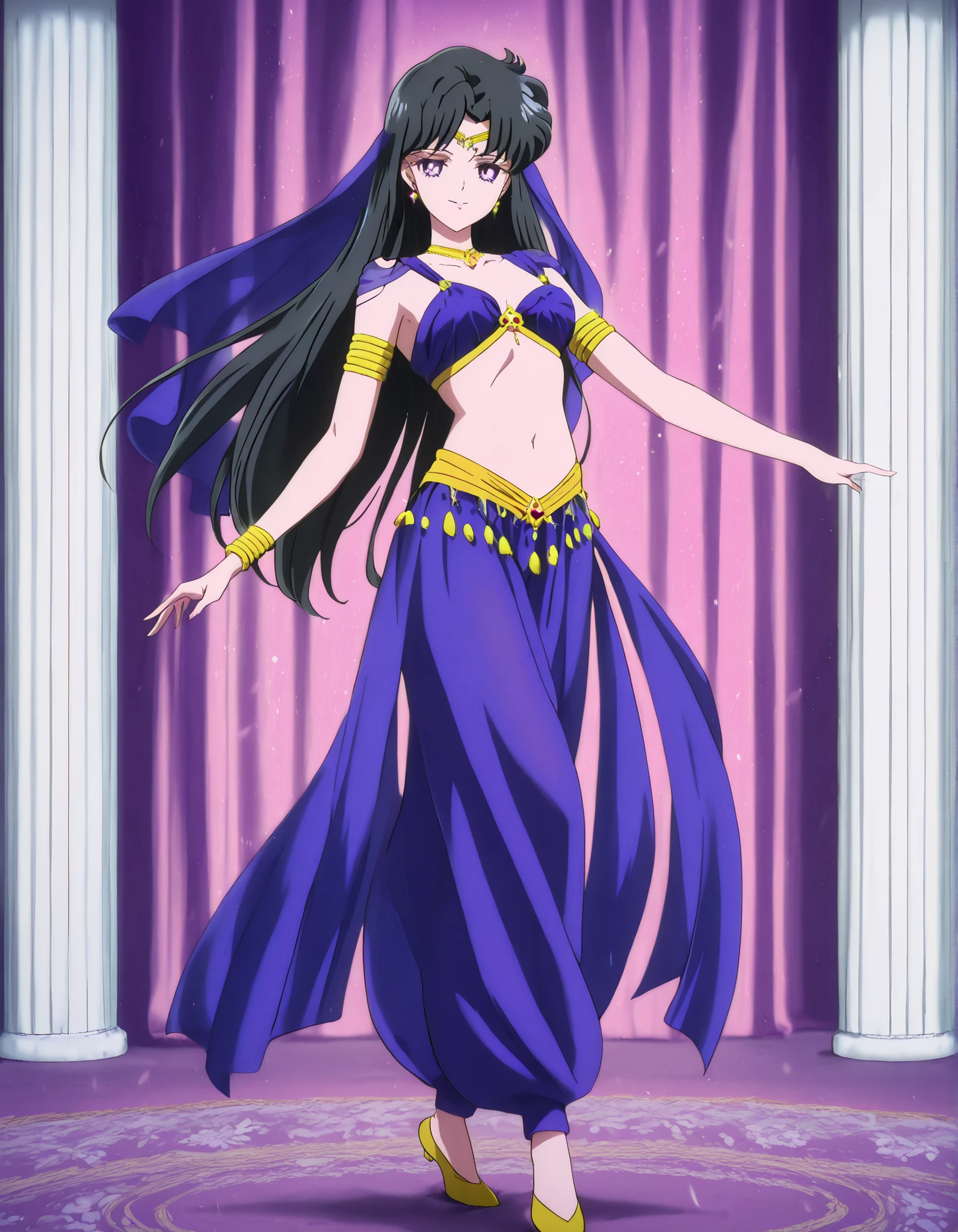 (1girl:1 . 5) , (Seul:1 . 5) , score_9 , score_8_haut , score_7_haut , source_anime , Official work , ultra-detailed , masterpiece , best quality , high resolution , beaux yeux , detailed eyes , Detailed face , beautiful detailed eyes,1girl,black hair,long hair,purple eyes,parted bangs,Bishoujo Senshi Sailor Moon,Rei Hino,Arabian Clothes , Arabian Dancer Outfit ,belly dancer costume,belly dancer outfit ,full body,golden jewelery,armlet, belly dancing,arabian garden,seductive smile, dancing with veil, dynamic movement,dance posture, seductive pose