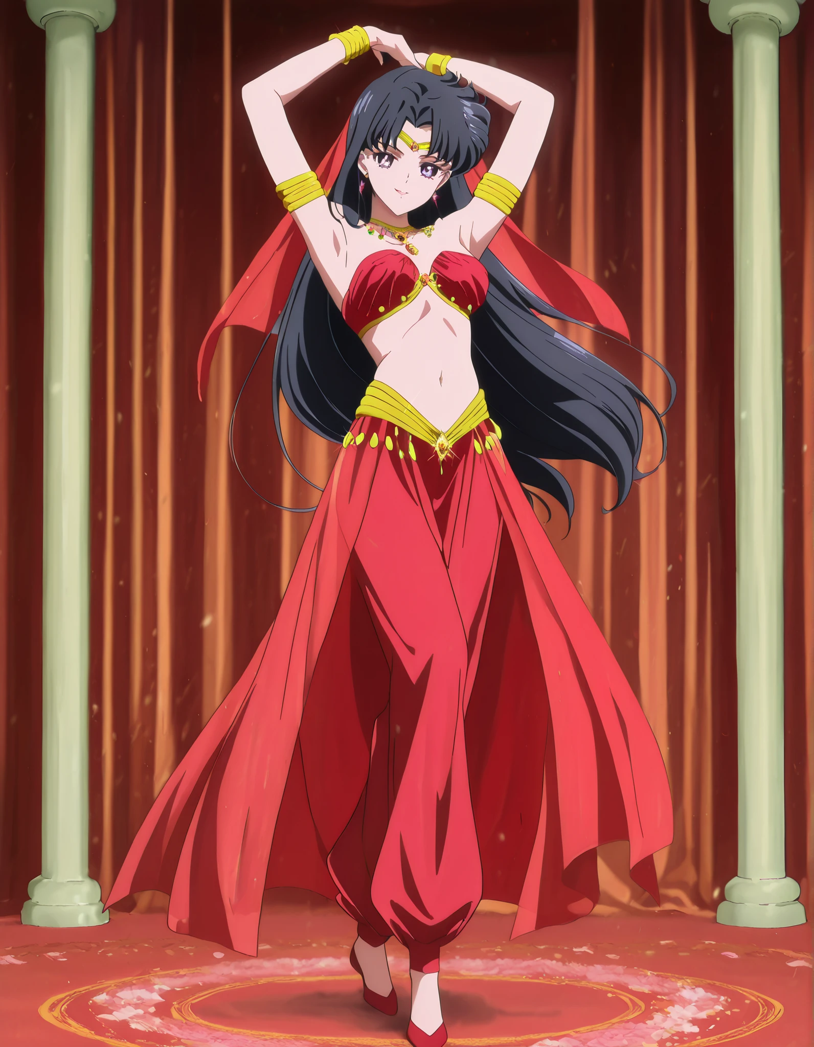 (1girl:1 . 5) , (Seul:1 . 5) , score_9 , score_8_haut , score_7_haut , source_anime , Official work , ultra-detailed , masterpiece , best quality , high resolution , beaux yeux , detailed eyes , Detailed face , beautiful detailed eyes,1girl,black hair,long hair,purple eyes,parted bangs,Bishoujo Senshi Sailor Moon,Rei Hino,Arabian Clothes , Arabian Dancer Outfit ,belly dancer costume,belly dancer outfit ,full body,golden jewelery,armlet, belly dancing,arabian garden,seductive smile, dancing with veil, dynamic movement,dance posture, pose