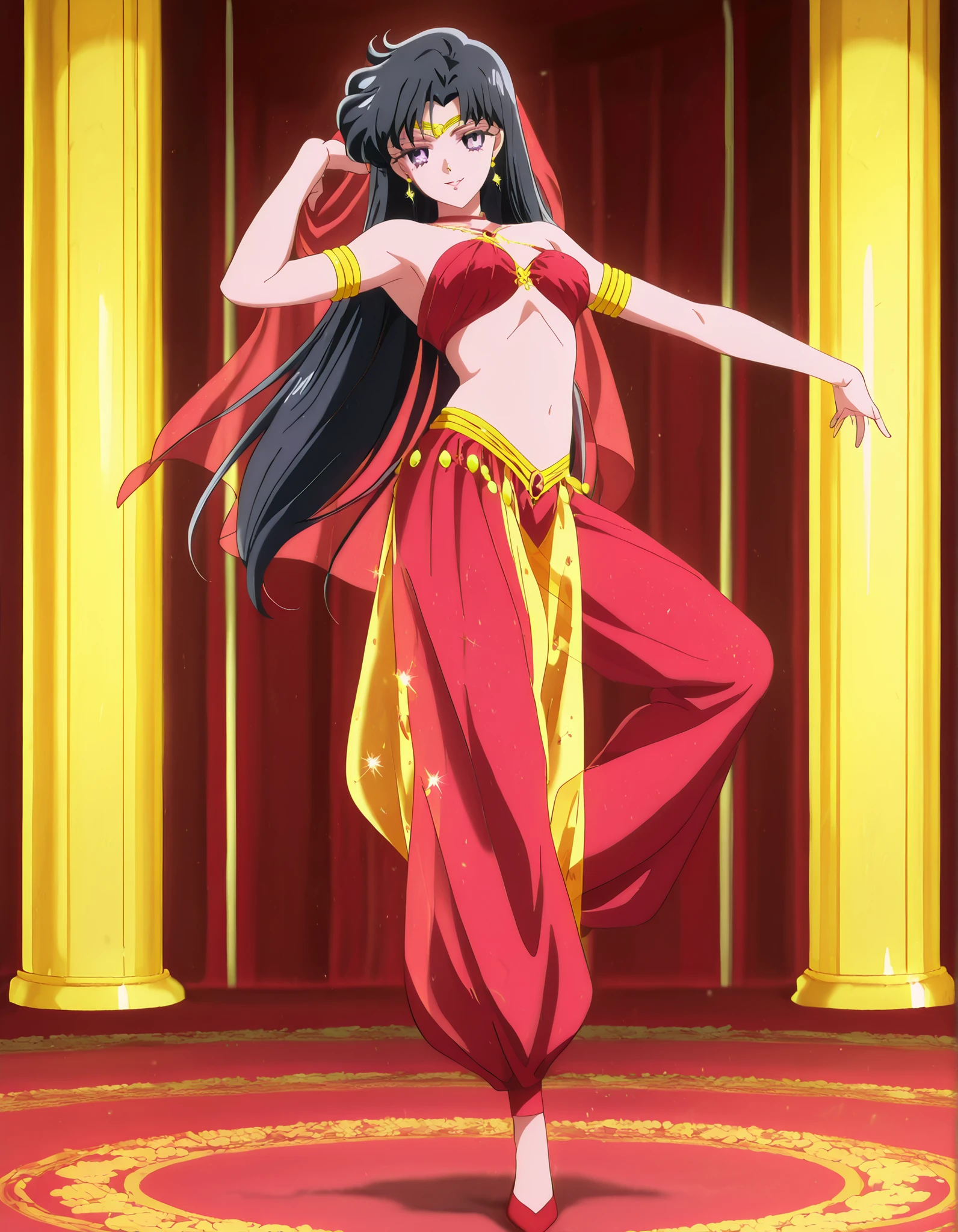 (1girl:1 . 5) , (Seul:1 . 5) , score_9 , score_8_haut , score_7_haut , source_anime , Official work , ultra-detailed , masterpiece , best quality , high resolution , beaux yeux , detailed eyes , Detailed face , beautiful detailed eyes,1girl,black hair,long hair,purple eyes,parted bangs,Bishoujo Senshi Sailor Moon,Rei Hino,Arabian Clothes , Arabian Dancer Outfit ,belly dancer costume,belly dancer outfit ,full body,golden jewelery,armlet, belly dancing,arabian garden,seductive smile, dancing with veil, dynamic movement,dance posture, seductive pose