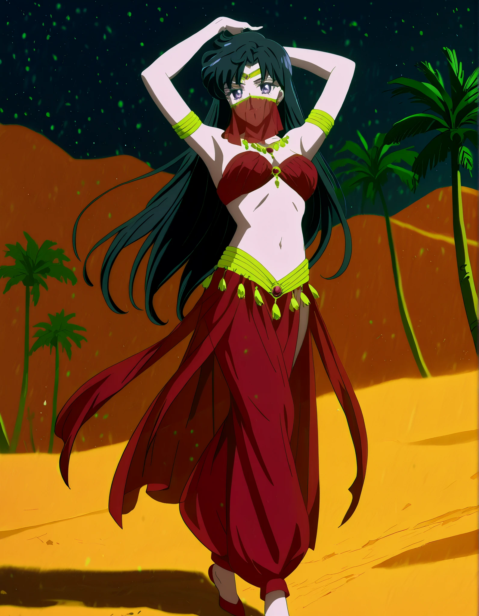 (1girl:1 . 5) , (Seul:1 . 5) , score_9 , score_8_haut , score_7_haut , source_anime , Official work  , ultra-detailed , masterpiece , best quality , high resolution , beaux yeux , detailed eyes , Detailed face , beautiful detailed eyes,1girl,black hair,long hair,purple eyes,parted bangs,Bishoujo Senshi Sailor Moon,Rei Hino,Arabian Clothes , Arabian Dancer Outfit ,belly dancer costume,belly dancer outfit ,full body,golden jewelery,mouth veil,armlet, belly dancing,night,desert lands,palm tree,seductive smile, dancing with veil, dynamic movement,dance posture,  pose