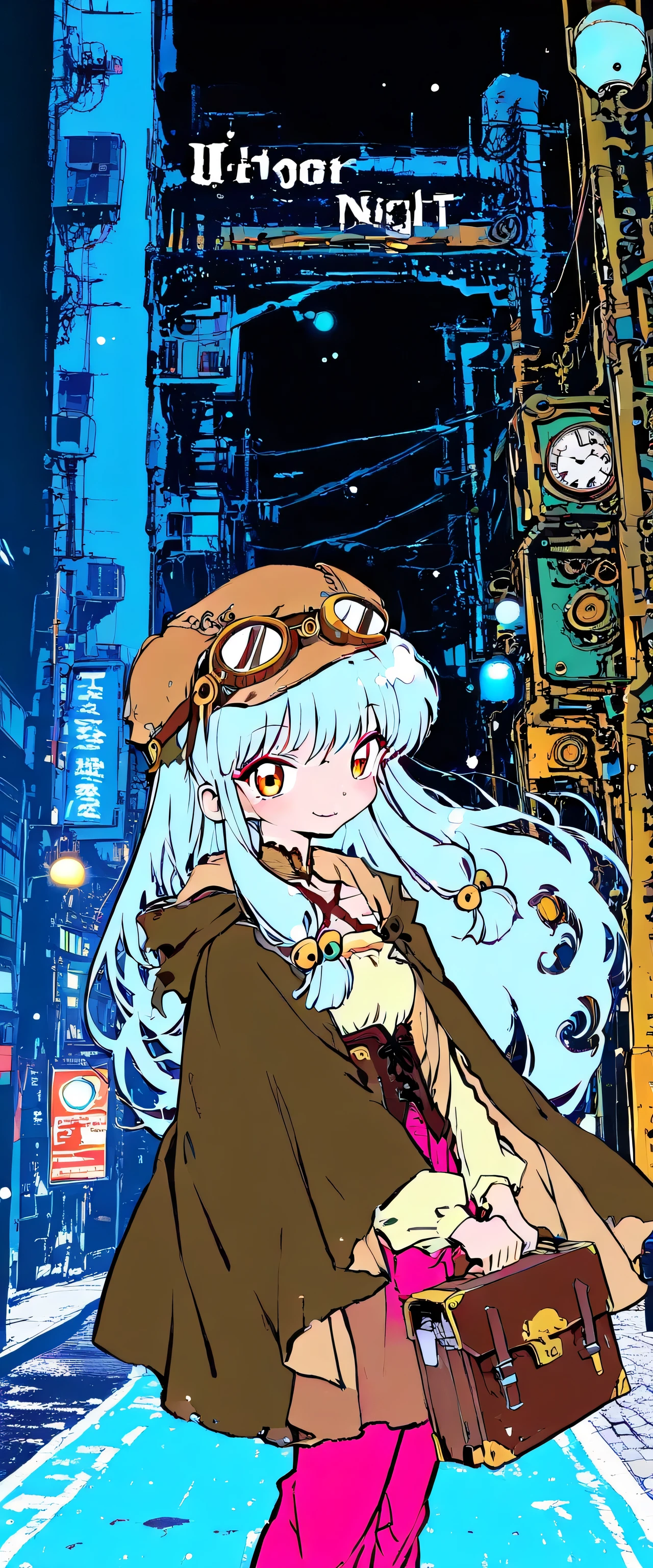 1girl,shampoo \(Ranma 1/2\),(beautiful girl:1.3),masterpiece,1girl,Ultra-high resolution,rich contrast,Very high quality,8k,Highly detailed CG unit wallpaper,Texture,RAW Photos,professional photograph,an extremely delicate and beautiful,Incredibly absurd,Depth of written boundary 1.2,Edinburgh's distinctive streets,steampunk,(Tilt your head),(smile),Brown goggles,(hair color is light blue:1.5),Brown hat,merchant,Brown halter neck garter corset,Brown cloak,briefcase,pitch black night,(dark:2.0),Set-Flat-Style,flat color,vector style,clean lines,miaomiao_hwm