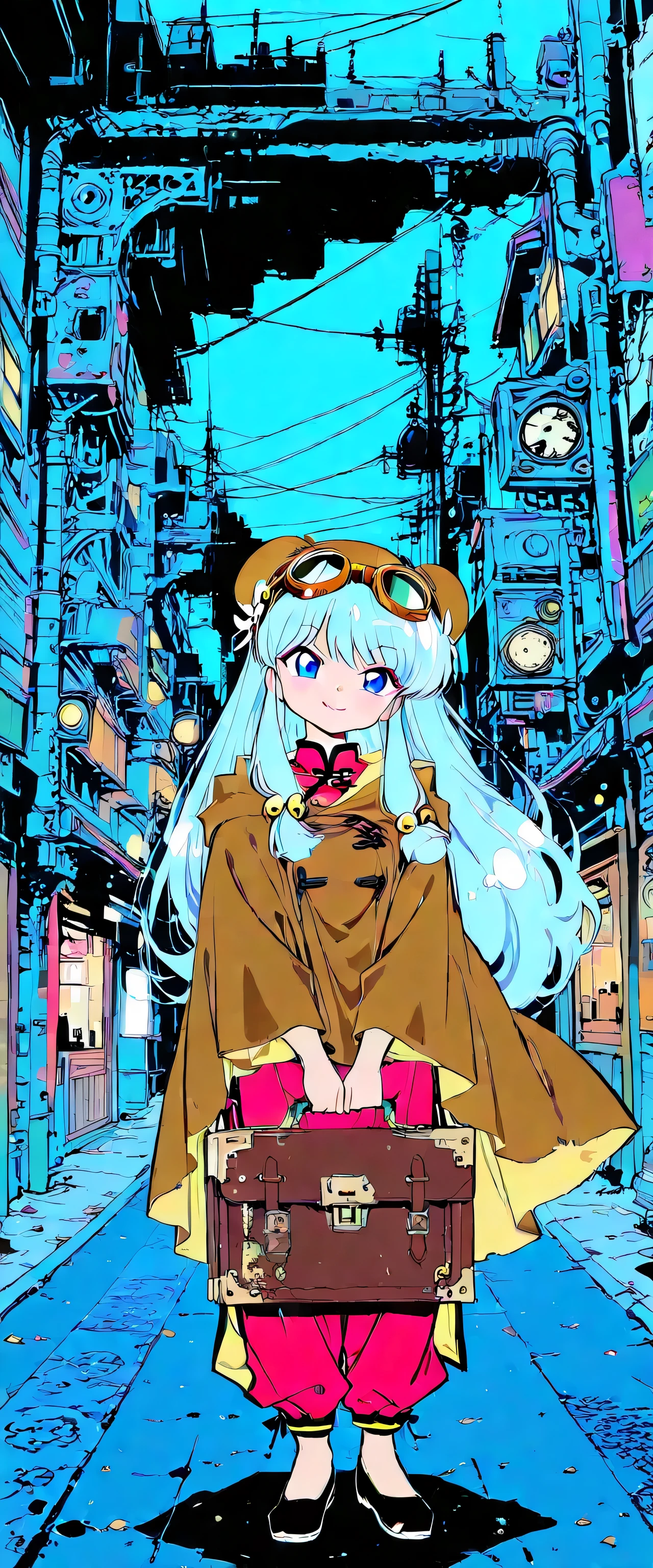 1girl,shampoo \(Ranma 1/2\),(beautiful girl:1.3),masterpiece,1girl,Ultra-high resolution,rich contrast,Very high quality,8k,Highly detailed CG unit wallpaper,Texture,RAW Photos,professional photograph,an extremely delicate and beautiful,Incredibly absurd,Depth of written boundary 1.2,Edinburgh's distinctive streets,steampunk,(Tilt your head),(smile),Brown goggles,(hair color is light blue:1.5),Brown hat,merchant,Brown cloak,briefcase,pitch black night,(dark:2.0),Set-Flat-Style,flat color,vector style,clean lines,miaomiao_hwm,chinese clothing