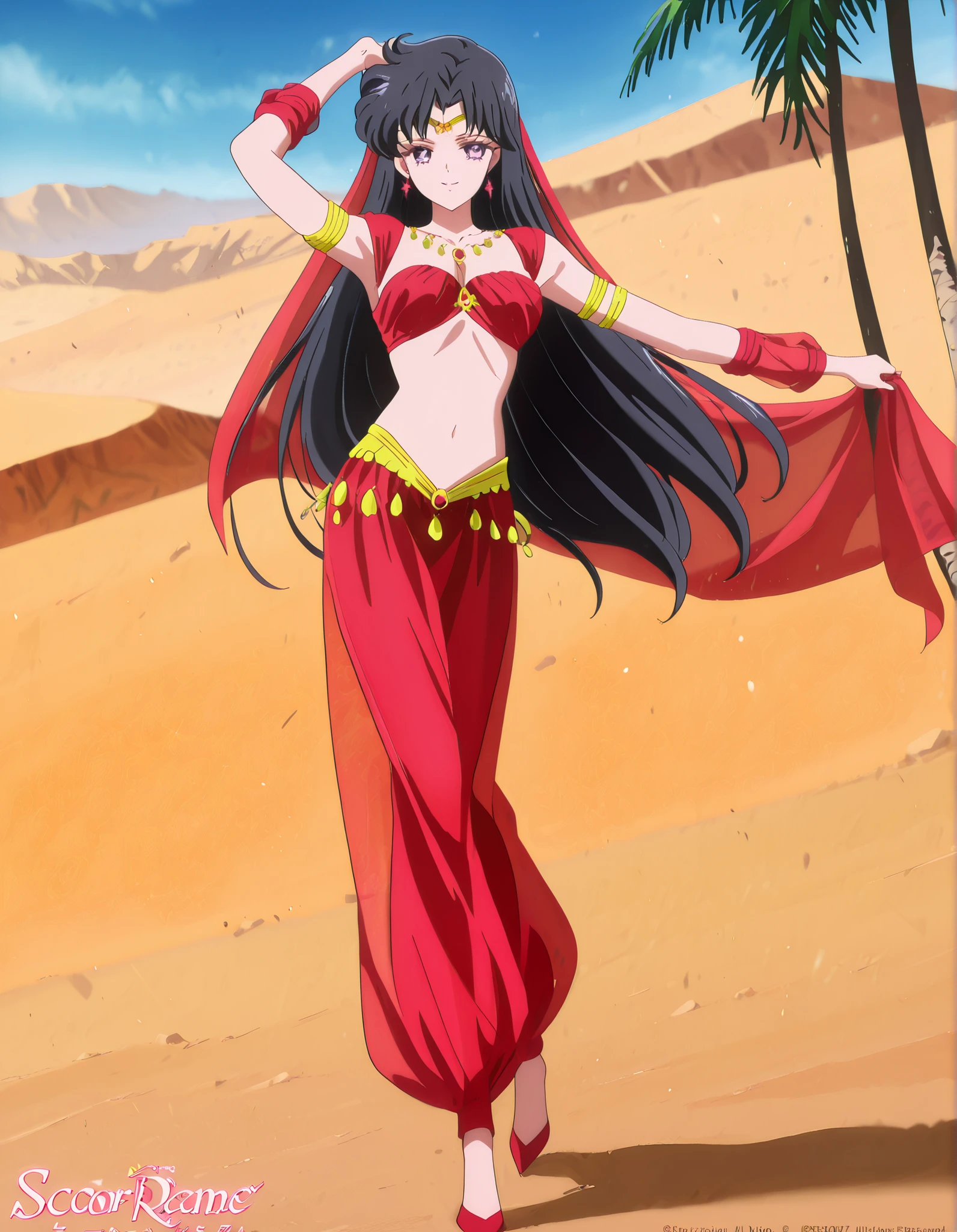 (1girl:1 . 5) , (Seul:1 . 5) , score_9 , score_8_haut , score_7_haut , source_anime , Official work , ultra-detailed , masterpiece , best quality , high resolution , beaux yeux , detailed eyes , Detailed face , beautiful detailed eyes,1girl,black hair,long hair,purple eyes,parted bangs,Bishoujo Senshi Sailor Moon,Rei Hino,Arabian Clothes , Arabian Dancer Outfit ,belly dancer costume,belly dancer outfit ,full body,golden jewelery,armlet, belly dancing,desert lands,palm tree,seductive smile, dancing with veil, dynamic movement,dance posture, pose