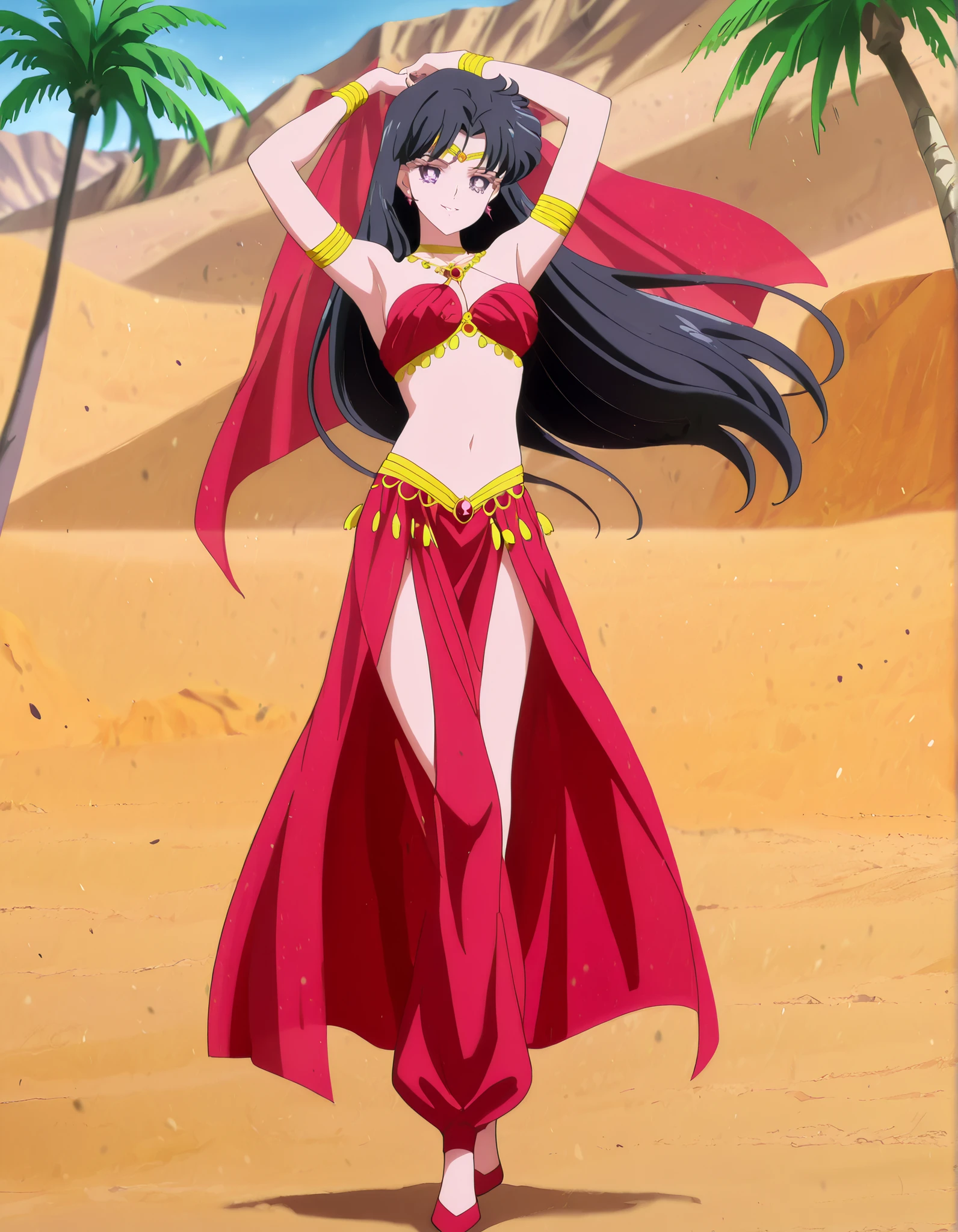 (1girl:1 . 5) , (Seul:1 . 5) , score_9 , score_8_haut , score_7_haut , source_anime , Official work , ultra-detailed , masterpiece , best quality , high resolution , beaux yeux , detailed eyes , Detailed face , beautiful detailed eyes,1girl,black hair,long hair,purple eyes,parted bangs,Bishoujo Senshi Sailor Moon,Rei Hino,Arabian Clothes , Arabian Dancer Outfit ,belly dancer costume,belly dancer outfit ,full body,golden jewelery,armlet, belly dancing,desert lands,palm tree,seductive smile, dancing with veil, dynamic movement,dance posture, pose