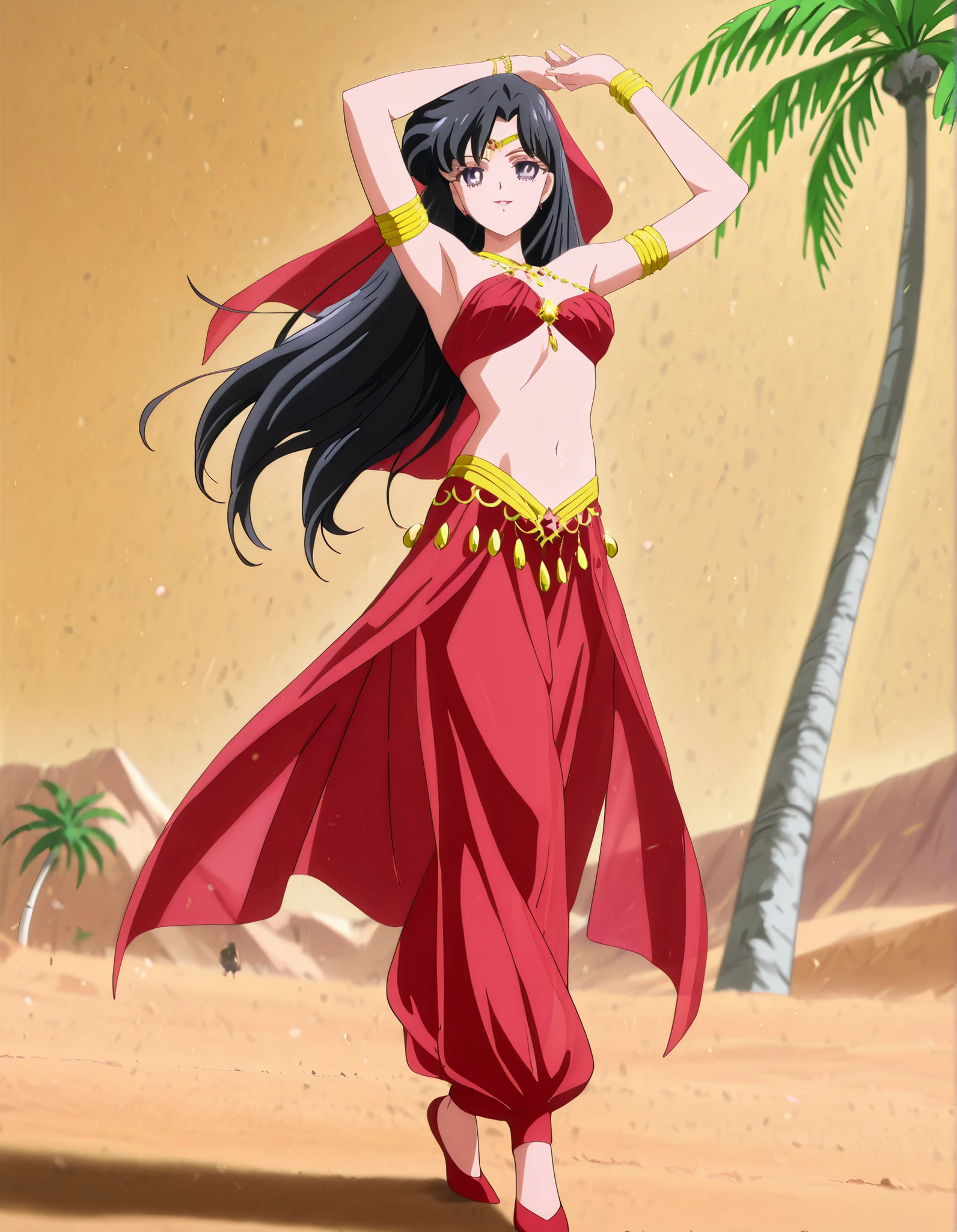 (1girl:1 . 5) , (Seul:1 . 5) , score_9 , score_8_haut , score_7_haut , source_anime , Official work  , ultra-detailed , masterpiece , best quality , high resolution , beaux yeux , detailed eyes , Detailed face , beautiful detailed eyes,1girl,black hair,long hair,purple eyes,parted bangs,Bishoujo Senshi Sailor Moon,Rei Hino,Arabian Clothes , Arabian Dancer Outfit ,belly dancer costume,belly dancer outfit ,full body,golden jewelery,armlet, belly dancing,desert lands,palm tree,seductive smile, dancing with veil, dynamic movement,dance posture, seductive pose
