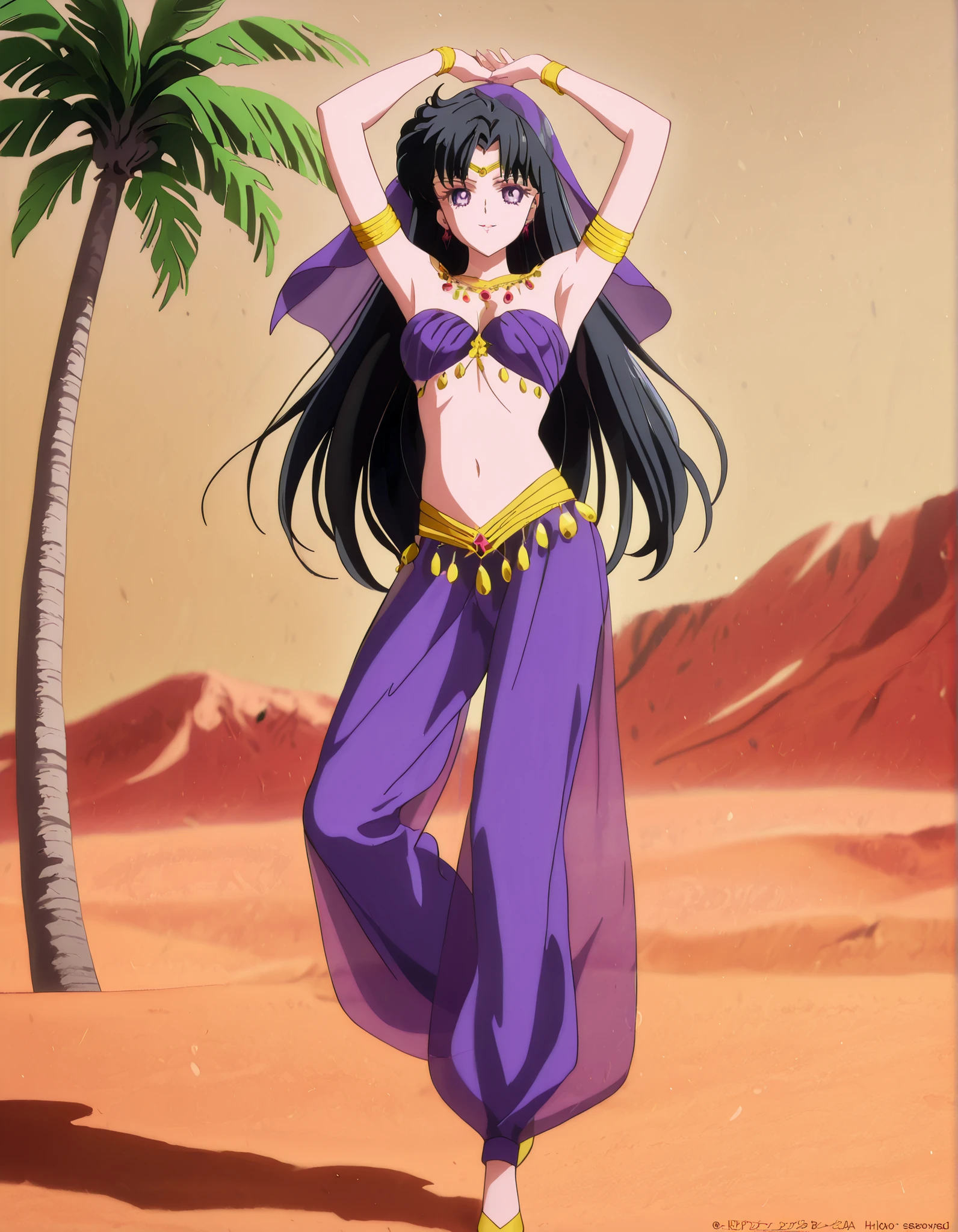 (1girl:1 . 5) , (Seul:1 . 5) , score_9 , score_8_haut , score_7_haut , source_anime , Official work , ultra-detailed , masterpiece , best quality , high resolution , beaux yeux , detailed eyes , Detailed face , beautiful detailed eyes,1girl,black hair,long hair,purple eyes,parted bangs,Bishoujo Senshi Sailor Moon,Rei Hino,Arabian Clothes , Arabian Dancer Outfit ,belly dancer costume,belly dancer outfit ,full body,golden jewelery,armlet, belly dancing,desert lands,palm tree,seductive smile, dancing with veil, dynamic movement,dance posture, pose