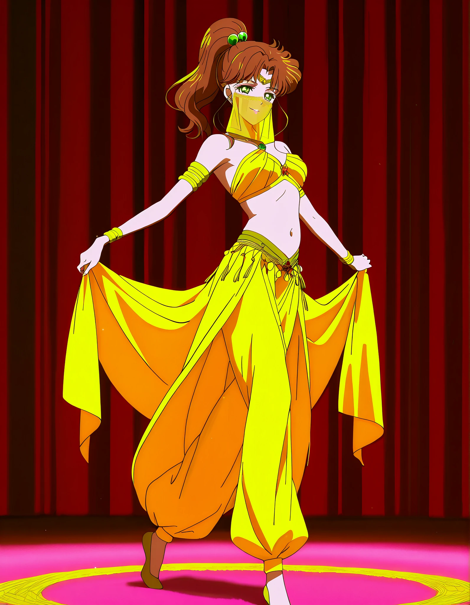 (1girl:1 . 5) , (Seul:1 . 5) , score_9 , score_8_haut , score_7_haut , source_anime , Official work , ultra-detailed , masterpiece , best quality , high resolution , beaux yeux , detailed eyes , Detailed face , beautiful detailed eyes,1girl,medium hair, brown hair, high ponytail, hair ornament, sidelocks, green eyes,Bishoujo Senshi Sailor Moon,Makoto Kino,Arabian Clothes , Arabian Dancer Outfit ,belly dancer costume,belly dancer outfit ,full body,golden jewelery,mouth veil,armlet, belly dancing,arabian theater,seductive smile, dancing with veil, dynamic movement,dance posture, pose