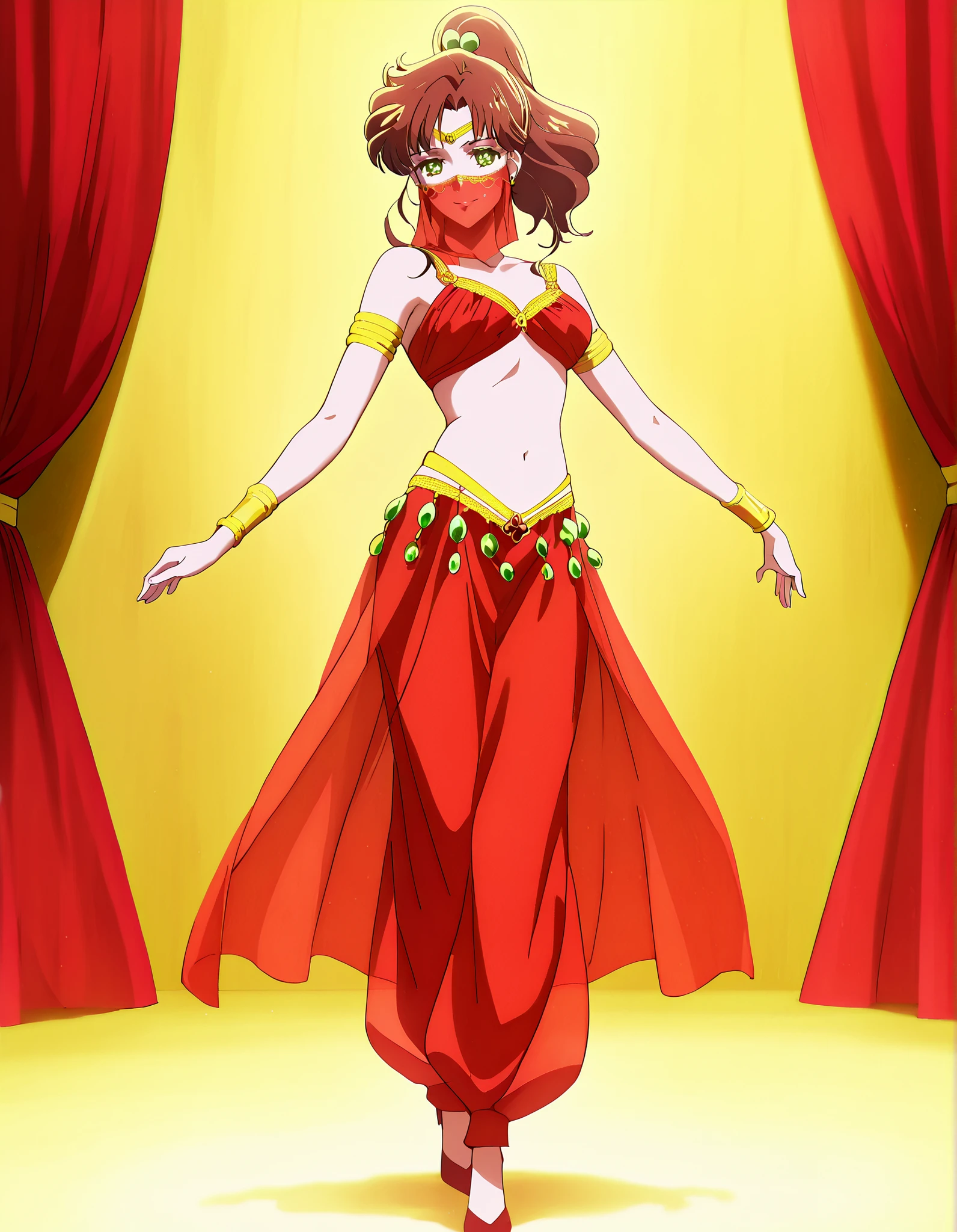 (1girl:1 . 5) , (Seul:1 . 5) , score_9 , score_8_haut , score_7_haut , source_anime , Official work , ultra-detailed , masterpiece , best quality , high resolution , beaux yeux , detailed eyes , Detailed face , beautiful detailed eyes,1girl,medium hair, brown hair, high ponytail, hair ornament, sidelocks, green eyes,Bishoujo Senshi Sailor Moon,Makoto Kino,Arabian Clothes , Arabian Dancer Outfit ,belly dancer costume,belly dancer outfit ,full body,golden jewelery,mouth veil,armlet, belly dancing,arabian theater,seductive smile, dancing with veil, dynamic movement,dance posture, pose