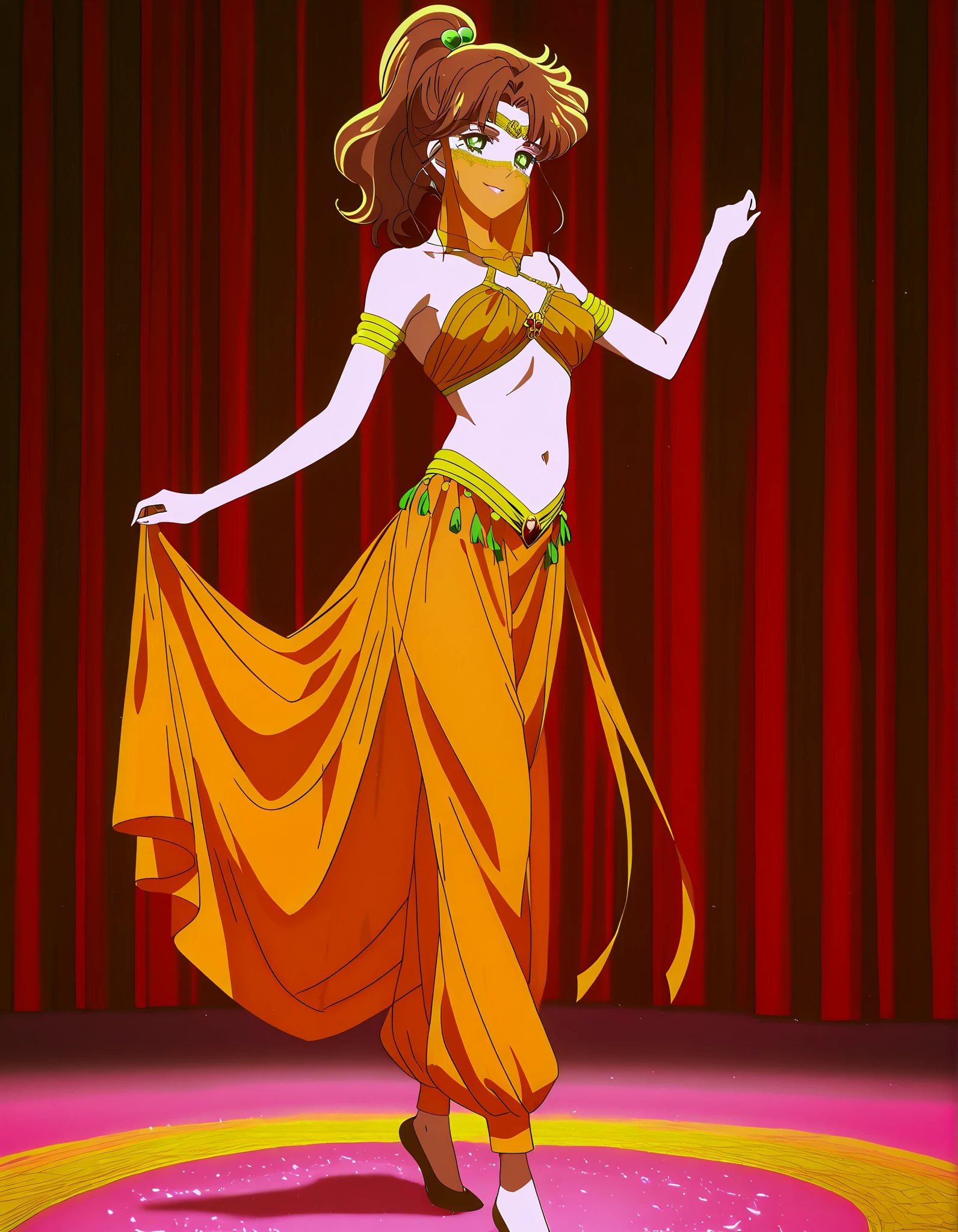 (1girl:1 . 5) , (Seul:1 . 5) , score_9 , score_8_haut , score_7_haut , source_anime , Official work , ultra-detailed , masterpiece , best quality , high resolution , beaux yeux , detailed eyes , Detailed face , beautiful detailed eyes,1girl,medium hair, brown hair, high ponytail, hair ornament, sidelocks, green eyes,Bishoujo Senshi Sailor Moon,Makoto Kino,Arabian Clothes , Arabian Dancer Outfit ,belly dancer costume,belly dancer outfit ,full body,golden jewelery,mouth veil,armlet, belly dancing,arabian theater,seductive smile, dancing with veil, dynamic movement,dance posture, pose