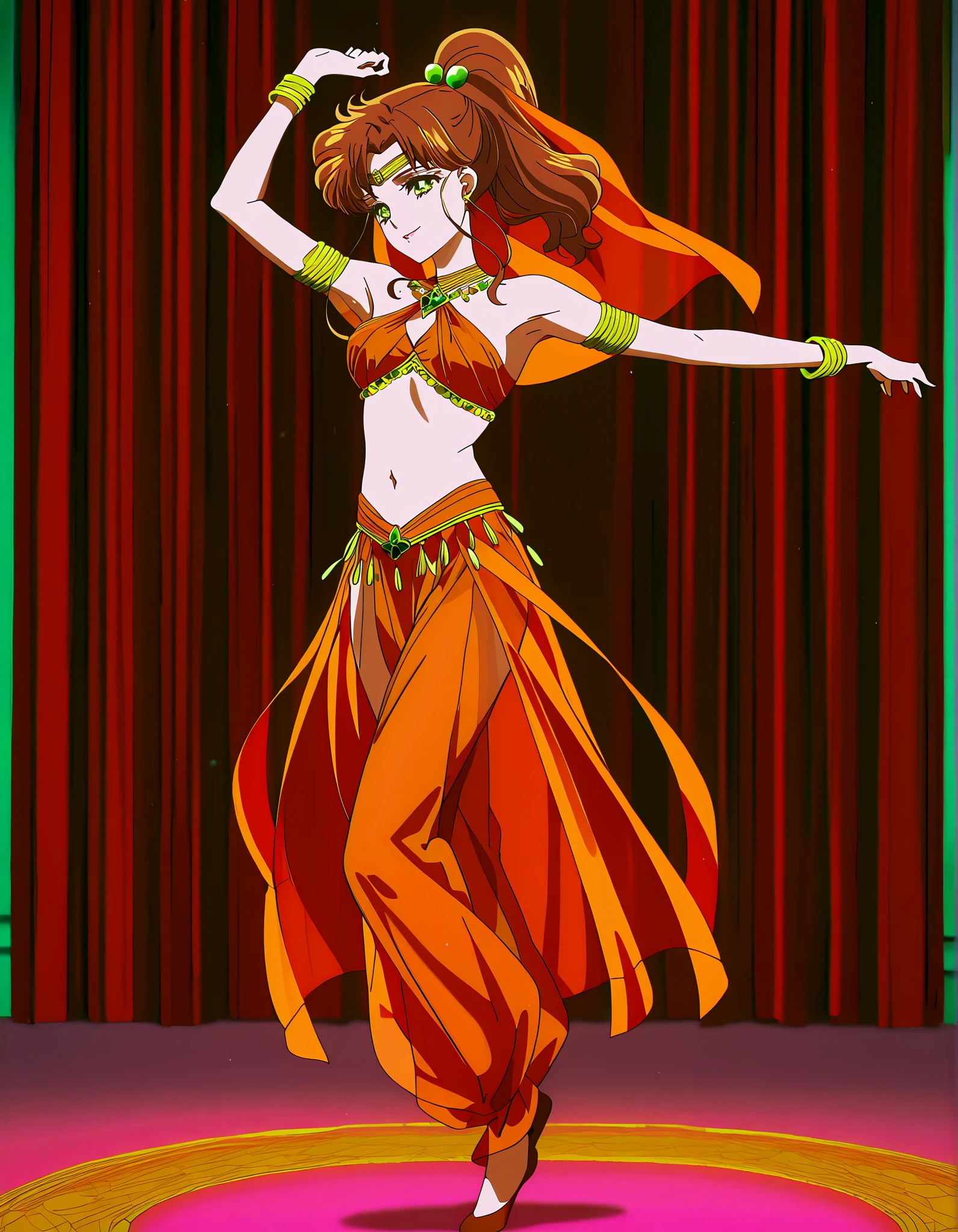 (1girl:1 . 5) , (Seul:1 . 5) , score_9 , score_8_haut , score_7_haut , source_anime , Official work , ultra-detailed , masterpiece , best quality , high resolution , beaux yeux , detailed eyes , Detailed face , beautiful detailed eyes,1girl,medium hair, brown hair, high ponytail, hair ornament, sidelocks, green eyes,Bishoujo Senshi Sailor Moon,Makoto Kino,Arabian Clothes , Arabian Dancer Outfit ,belly dancer costume,belly dancer outfit ,full body,golden jewelery,armlet, belly dancing,arabian theater,seductive smile, dancing with veil, dynamic movement,dance posture, pose