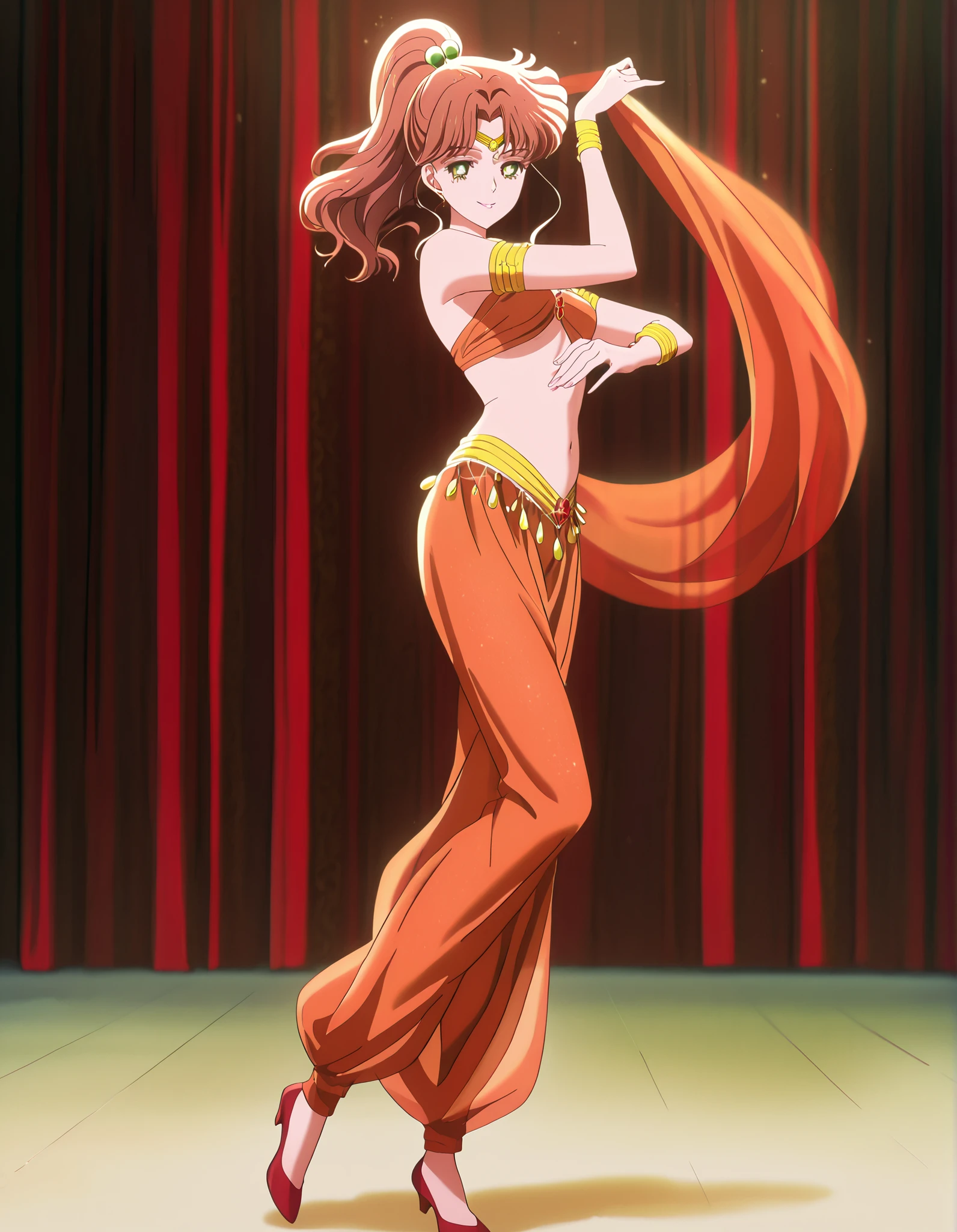 (1girl:1 . 5) , (Seul:1 . 5) , score_9 , score_8_haut , score_7_haut , source_anime , Official work , ultra-detailed , masterpiece , best quality , high resolution , beaux yeux , detailed eyes , Detailed face , beautiful detailed eyes,1girl,medium hair, brown hair, high ponytail, hair ornament, sidelocks, green eyes,Bishoujo Senshi Sailor Moon,Makoto Kino,Arabian Clothes , Arabian Dancer Outfit ,belly dancer costume,belly dancer outfit ,full body,golden jewelery,armlet, belly dancing,arabian theater,seductive smile, dancing with veil, dynamic movement,dance posture, seductive pose