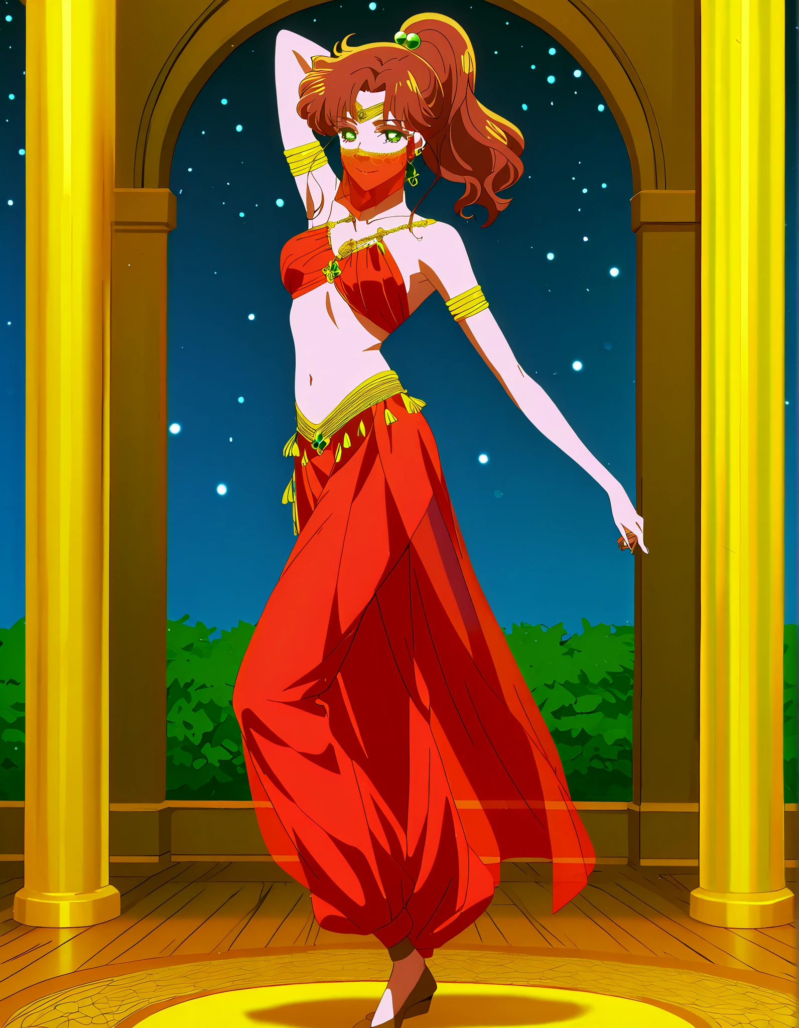 (1girl:1 . 5) , (Seul:1 . 5) , score_9 , score_8_haut , score_7_haut , source_anime , Official work , ultra-detailed , masterpiece , best quality , high resolution , beaux yeux , detailed eyes , Detailed face , beautiful detailed eyes,1girl,medium hair, brown hair, high ponytail, hair ornament, sidelocks, green eyes,Bishoujo Senshi Sailor Moon,Makoto Kino,Arabian Clothes , Arabian Dancer Outfit ,belly dancer costume,belly dancer outfit ,full body,golden jewelery,mouth veil,armlet, belly dancing,night,arabian garden,seductive smile, dancing with veil, dynamic movement,dance posture, pose