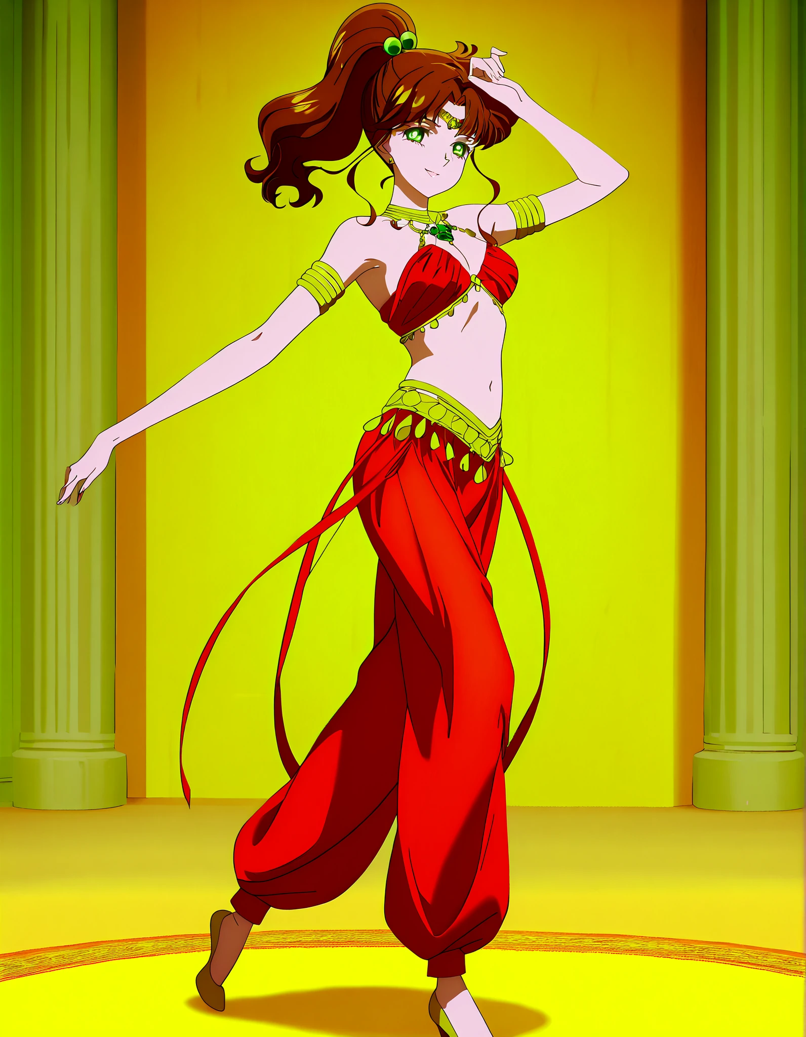 (1girl:1 . 5) , (Seul:1 . 5) , score_9 , score_8_haut , score_7_haut , source_anime , Official work , ultra-detailed , masterpiece , best quality , high resolution , beaux yeux , detailed eyes , Detailed face , beautiful detailed eyes,1girl,medium hair, brown hair, high ponytail, hair ornament, sidelocks, green eyes,Bishoujo Senshi Sailor Moon,Makoto Kino,Arabian Clothes , Arabian Dancer Outfit ,belly dancer costume,belly dancer outfit ,full body,golden jewelery,armlet, belly dancing,arabian garden,seductive smile, dancing with veil, dynamic movement,dance posture, pose