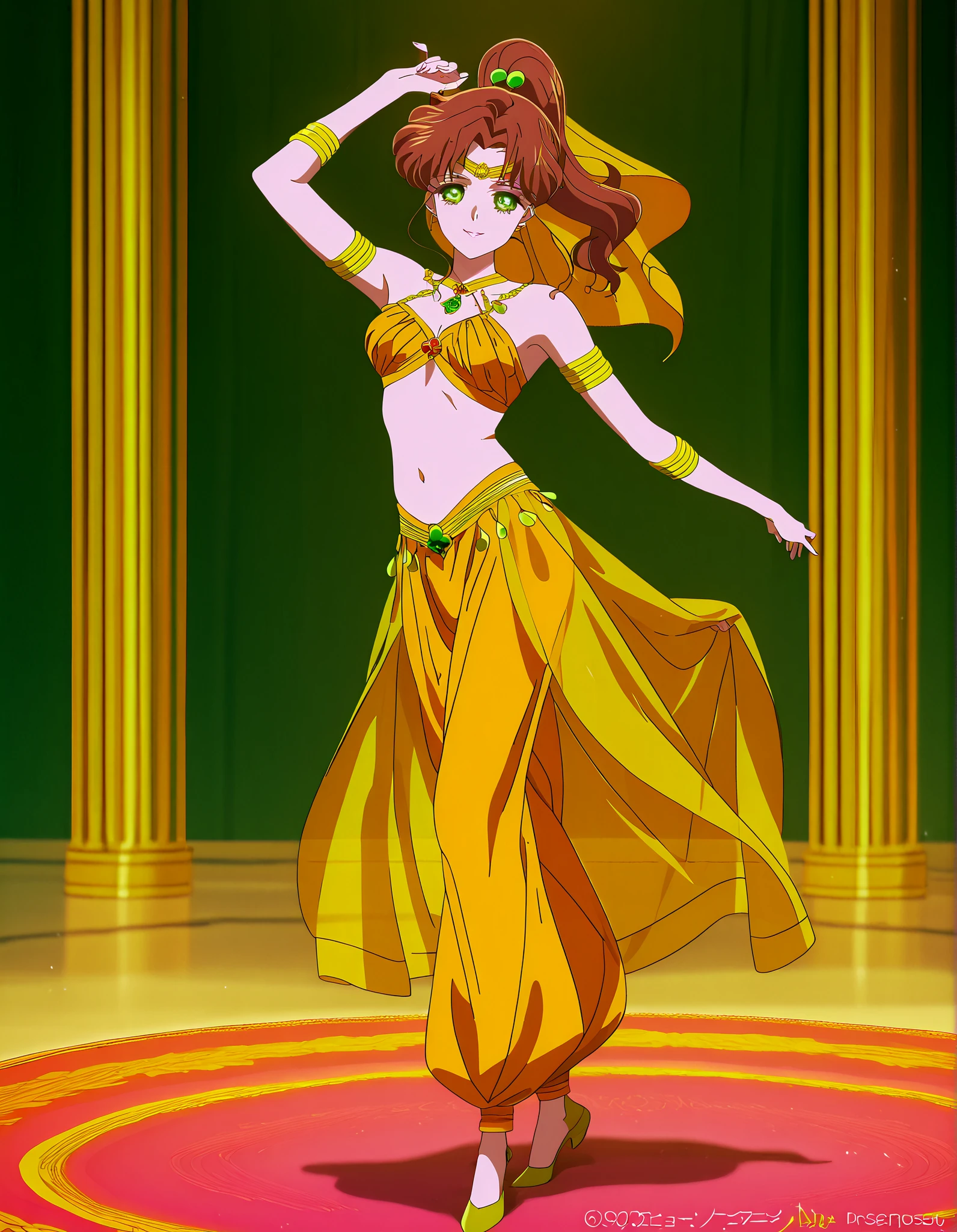 (1girl:1 . 5) , (Seul:1 . 5) , score_9 , score_8_haut , score_7_haut , source_anime , Official work  , ultra-detailed , masterpiece , best quality , high resolution , beaux yeux , detailed eyes , Detailed face , beautiful detailed eyes,1girl,medium hair, brown hair, high ponytail, hair ornament, sidelocks, green eyes,Bishoujo Senshi Sailor Moon,Makoto Kino,Arabian Clothes , Arabian Dancer Outfit ,belly dancer costume,belly dancer outfit ,full body,golden jewelery,armlet, belly dancing,arabian garden,seductive smile, dancing with veil, dynamic movement,dance posture,  pose