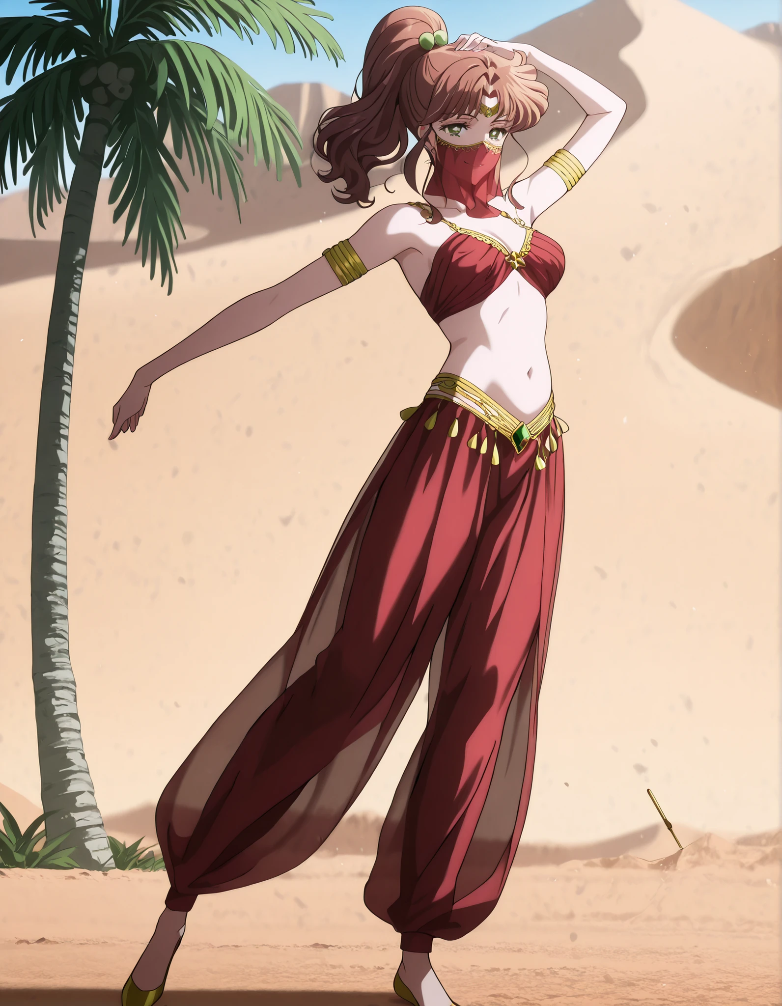 (1girl:1 . 5) , (Seul:1 . 5) , score_9 , score_8_haut , score_7_haut , source_anime , Official work , ultra-detailed , masterpiece , best quality , high resolution , beaux yeux , detailed eyes , Detailed face , beautiful detailed eyes,1girl,medium hair, brown hair, high ponytail, hair ornament, sidelocks, green eyes,Bishoujo Senshi Sailor Moon,Makoto Kino,Arabian Clothes , Arabian Dancer Outfit ,belly dancer costume,belly dancer outfit ,full body,golden jewelery,mouth veil,armlet, belly dancing,desert lands,palm tree,seductive smile, dancing with veil, dynamic movement,dance posture, pose