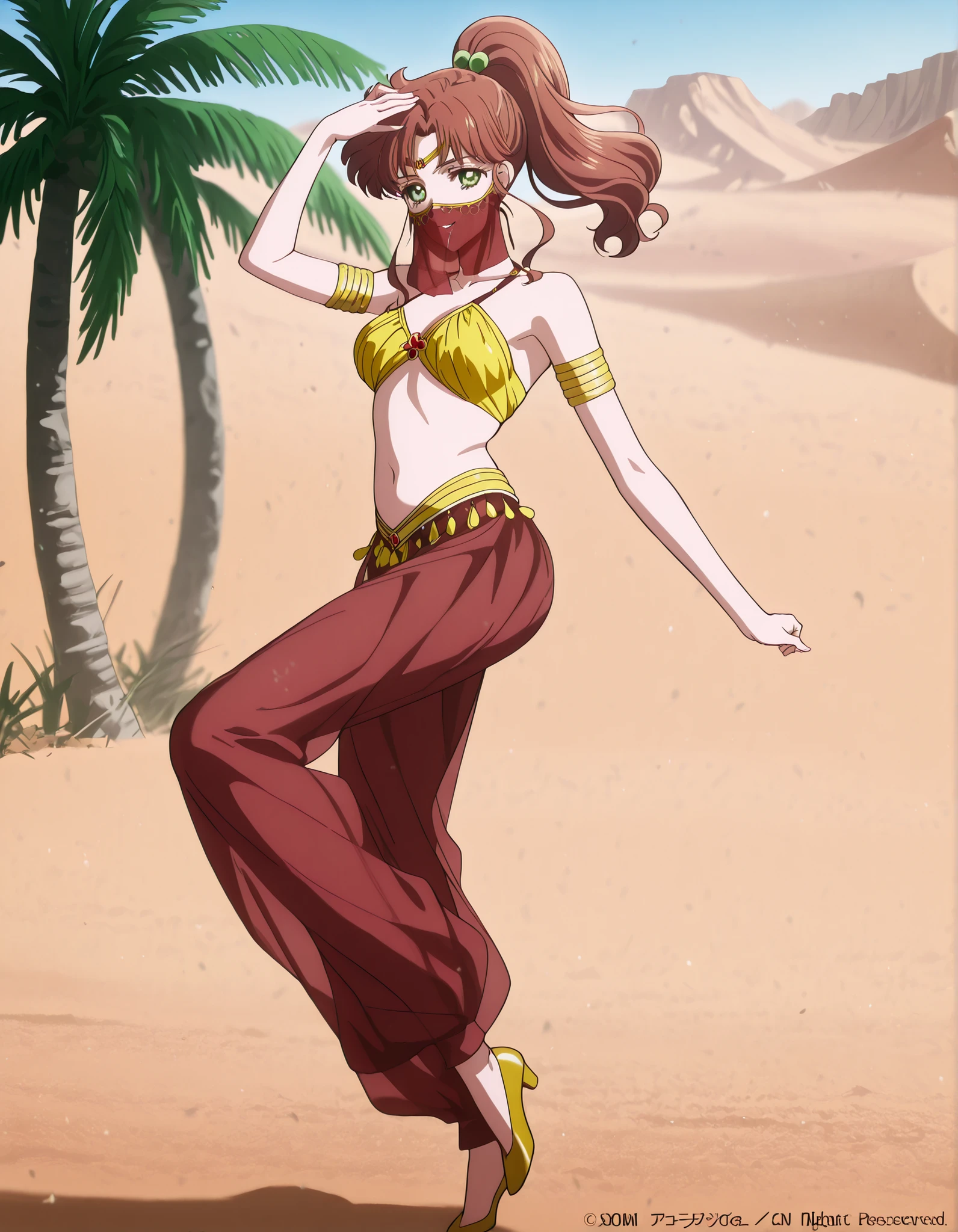 (1girl:1 . 5) , (Seul:1 . 5) , score_9 , score_8_haut , score_7_haut , source_anime , Official work , ultra-detailed , masterpiece , best quality , high resolution , beaux yeux , detailed eyes , Detailed face , beautiful detailed eyes,1girl,medium hair, brown hair, high ponytail, hair ornament, sidelocks, green eyes,Bishoujo Senshi Sailor Moon,Makoto Kino,Arabian Clothes , Arabian Dancer Outfit ,belly dancer costume,belly dancer outfit ,full body,golden jewelery,mouth veil,armlet, belly dancing,desert lands,palm tree,seductive smile, dancing with veil, dynamic movement,dance posture, seductive pose