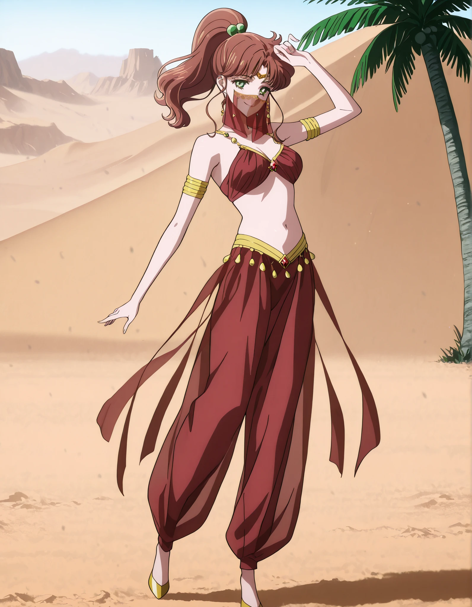 (1girl:1 . 5) , (Seul:1 . 5) , score_9 , score_8_haut , score_7_haut , source_anime , Official work  , ultra-detailed , masterpiece , best quality , high resolution , beaux yeux , detailed eyes , Detailed face , beautiful detailed eyes,1girl,medium hair, brown hair, high ponytail, hair ornament, sidelocks, green eyes,Bishoujo Senshi Sailor Moon,Makoto Kino,Arabian Clothes , Arabian Dancer Outfit ,belly dancer costume,belly dancer outfit ,full body,golden jewelery,mouth veil,armlet, belly dancing,desert lands,palm tree,seductive smile, dancing with veil, dynamic movement,dance posture,  pose