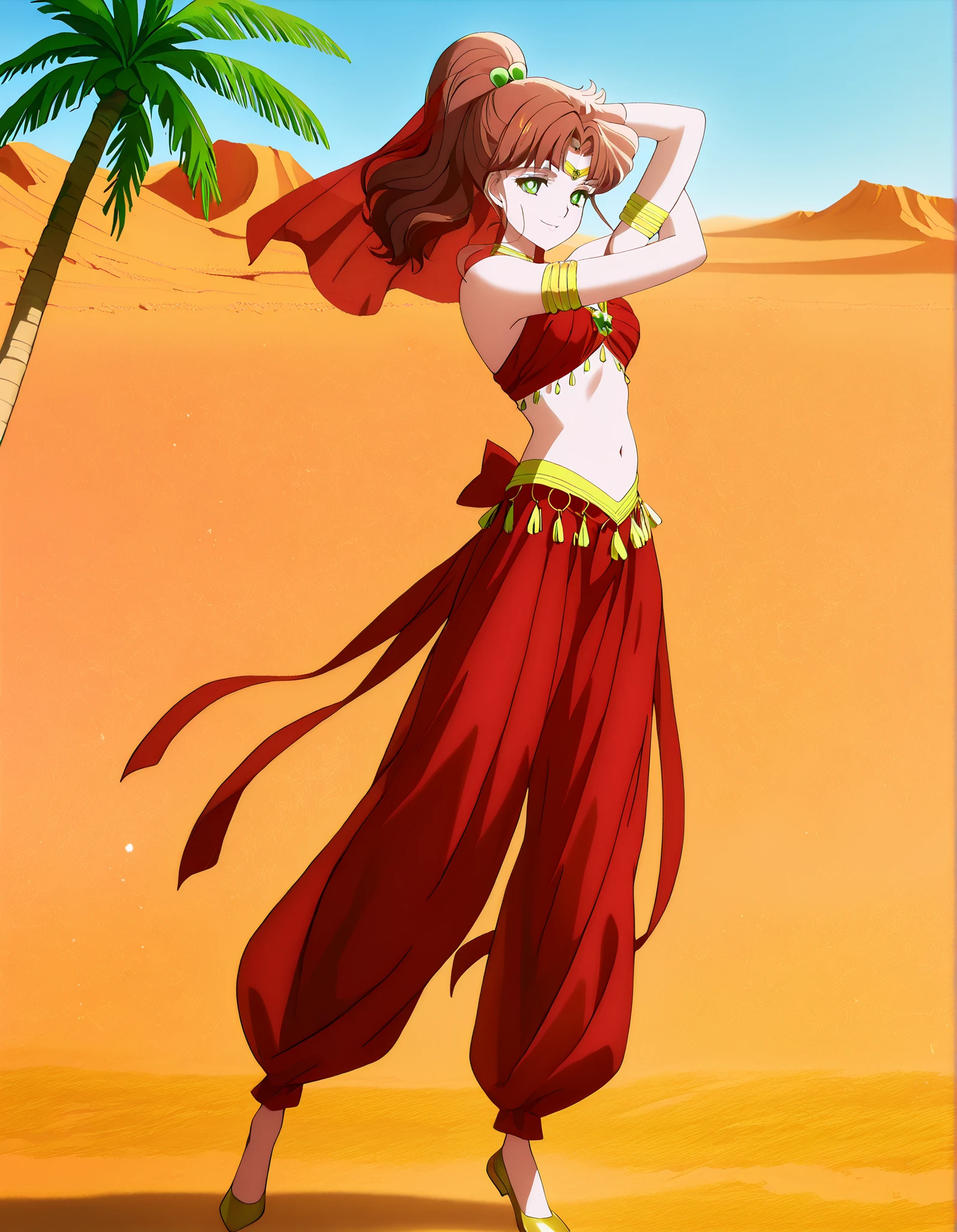 (1girl:1 . 5) , (Seul:1 . 5) , score_9 , score_8_haut , score_7_haut , source_anime , Official work , ultra-detailed , masterpiece , best quality , high resolution , beaux yeux , detailed eyes , Detailed face , beautiful detailed eyes,1girl,medium hair, brown hair, high ponytail, hair ornament, sidelocks, green eyes,Bishoujo Senshi Sailor Moon,Makoto Kino,Arabian Clothes , Arabian Dancer Outfit ,belly dancer costume,belly dancer outfit ,full body,golden jewelery,armlet, belly dancing,desert lands,palm tree,seductive smile, dancing with veil, dynamic movement,dance posture, pose