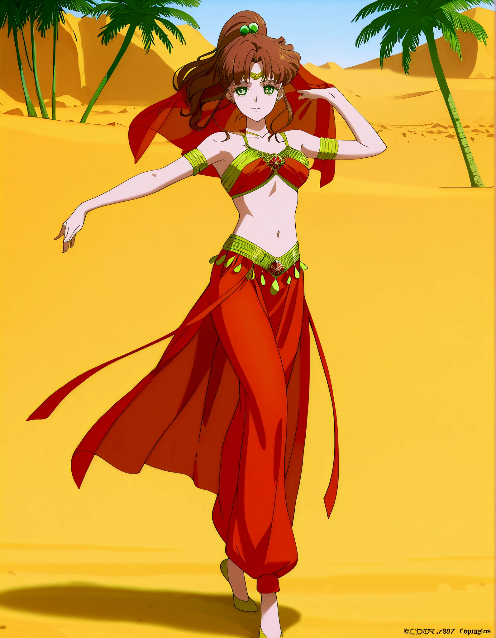 (1girl:1 . 5) , (Seul:1 . 5) , score_9 , score_8_haut , score_7_haut , source_anime , Official work , ultra-detailed , masterpiece , best quality , high resolution , beaux yeux , detailed eyes , Detailed face , beautiful detailed eyes,1girl,medium hair, brown hair, high ponytail, hair ornament, sidelocks, green eyes,Bishoujo Senshi Sailor Moon,Makoto Kino,Arabian Clothes , Arabian Dancer Outfit ,belly dancer costume,belly dancer outfit ,full body,golden jewelery,armlet, belly dancing,desert lands,palm tree,seductive smile, dancing with veil, dynamic movement,dance posture, pose