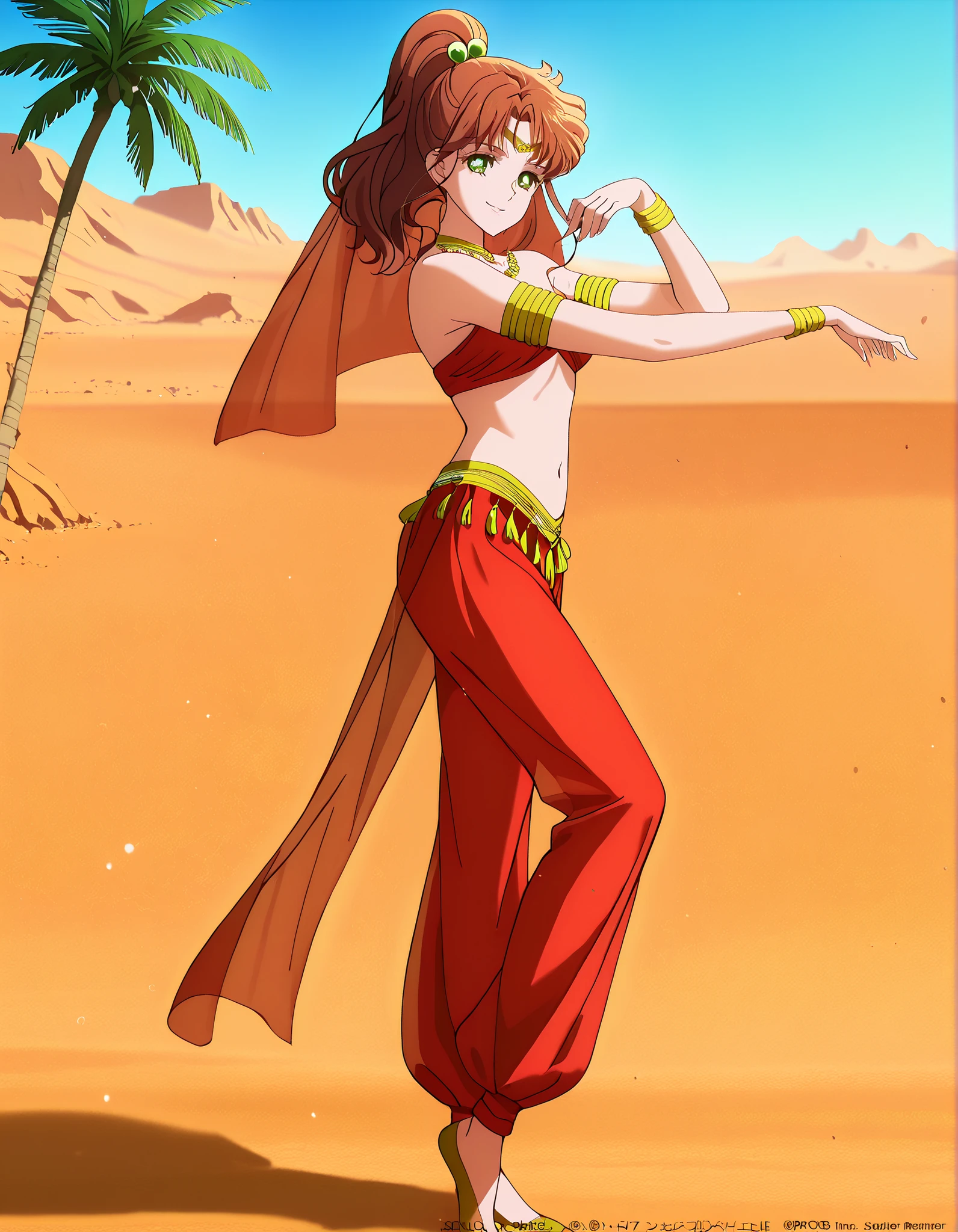 (1girl:1 . 5) , (Seul:1 . 5) , score_9 , score_8_haut , score_7_haut , source_anime , Official work , ultra-detailed , masterpiece , best quality , high resolution , beaux yeux , detailed eyes , Detailed face , beautiful detailed eyes,1girl,medium hair, brown hair, high ponytail, hair ornament, sidelocks, green eyes,Bishoujo Senshi Sailor Moon,Makoto Kino,Arabian Clothes , Arabian Dancer Outfit ,belly dancer costume,belly dancer outfit ,full body,golden jewelery,armlet, belly dancing,desert lands,palm tree,seductive smile, dancing with veil, dynamic movement,dance posture, pose