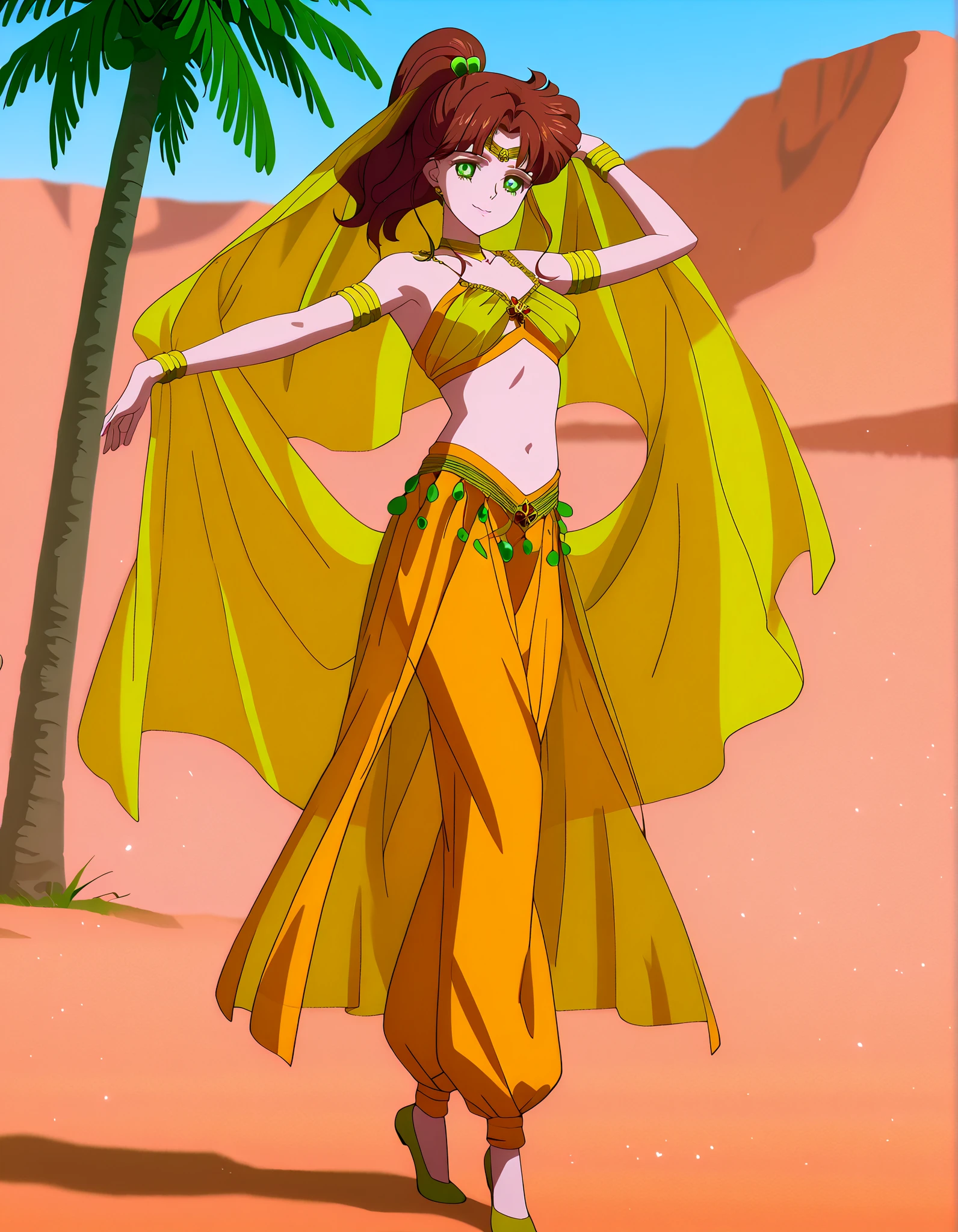 (1girl:1 . 5) , (Seul:1 . 5) , score_9 , score_8_haut , score_7_haut , source_anime , Official work , ultra-detailed , masterpiece , best quality , high resolution , beaux yeux , detailed eyes , Detailed face , beautiful detailed eyes,1girl,medium hair, brown hair, high ponytail, hair ornament, sidelocks, green eyes,Bishoujo Senshi Sailor Moon,Makoto Kino,Arabian Clothes , Arabian Dancer Outfit ,belly dancer costume,belly dancer outfit ,full body,golden jewelery,armlet, belly dancing,desert lands,palm tree,seductive smile, dancing with veil, dynamic movement,dance posture, pose