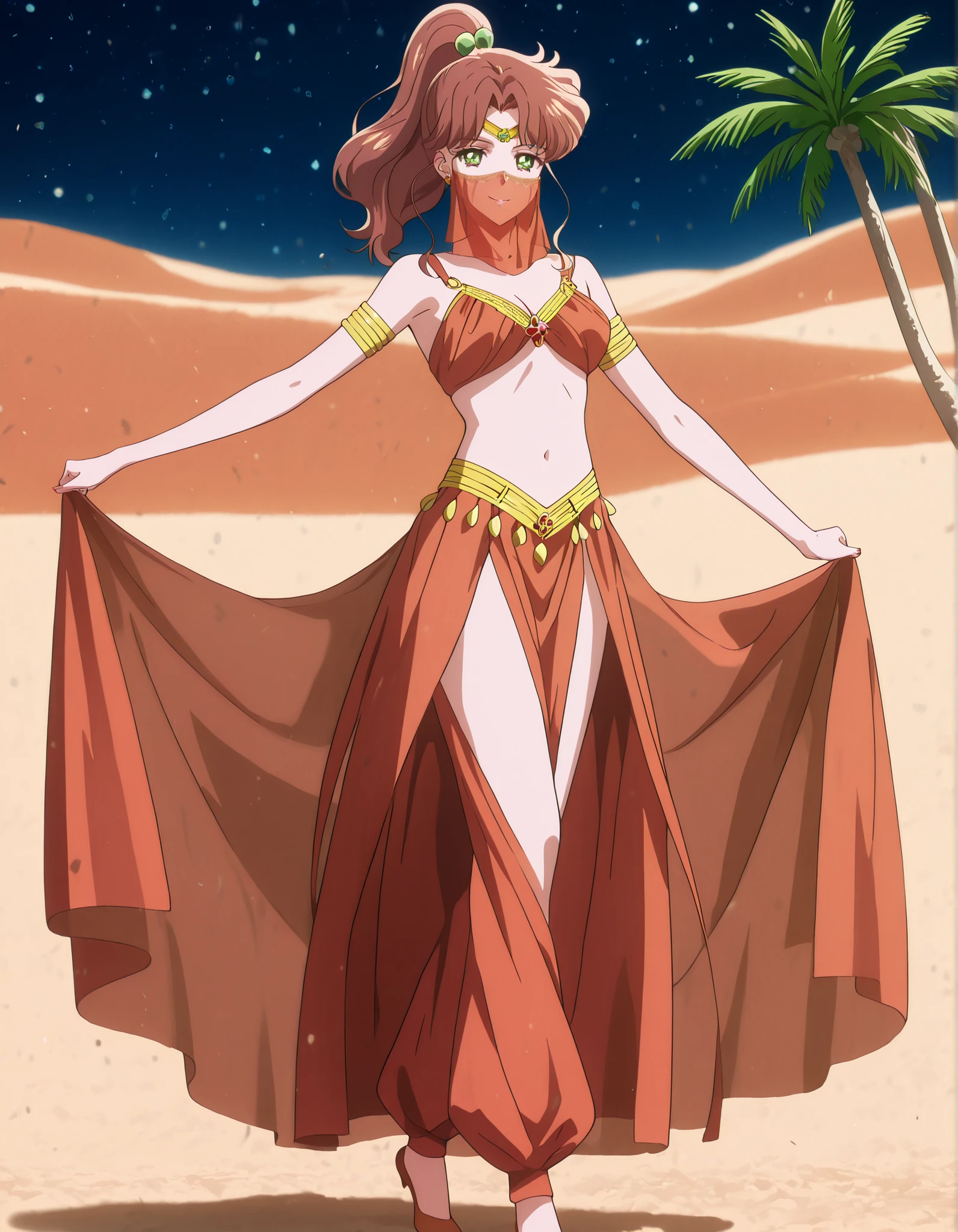 (1girl:1 . 5) , (Seul:1 . 5) , score_9 , score_8_haut , score_7_haut , source_anime , Official work  , ultra-detailed , masterpiece , best quality , high resolution , beaux yeux , detailed eyes , Detailed face , beautiful detailed eyes,1girl,medium hair, brown hair, high ponytail, hair ornament, sidelocks, green eyes,Bishoujo Senshi Sailor Moon,Makoto Kino,Arabian Clothes , Arabian Dancer Outfit ,belly dancer costume,belly dancer outfit ,full body,golden jewelery,mouth veil,armlet, belly dancing,night,desert lands,palm tree,seductive smile, dancing with veil, dynamic movement,dance posture,  pose