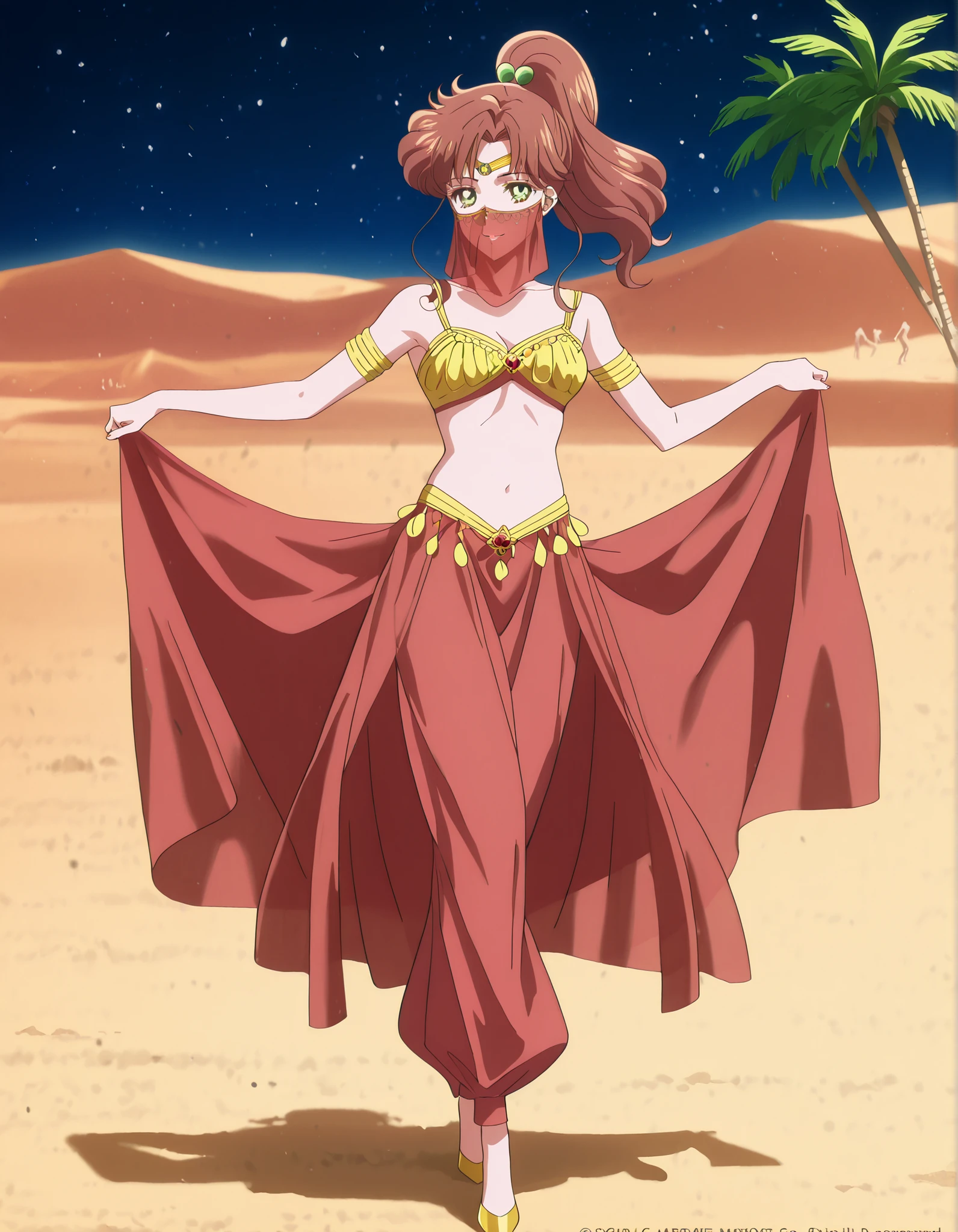 (1girl:1 . 5) , (Seul:1 . 5) , score_9 , score_8_haut , score_7_haut , source_anime , Official work , ultra-detailed , masterpiece , best quality , high resolution , beaux yeux , detailed eyes , Detailed face , beautiful detailed eyes,1girl,medium hair, brown hair, high ponytail, hair ornament, sidelocks, green eyes,Bishoujo Senshi Sailor Moon,Makoto Kino,Arabian Clothes , Arabian Dancer Outfit ,belly dancer costume,belly dancer outfit ,full body,golden jewelery,mouth veil,armlet, belly dancing,night,desert lands,palm tree,seductive smile, dancing with veil, dynamic movement,dance posture, pose