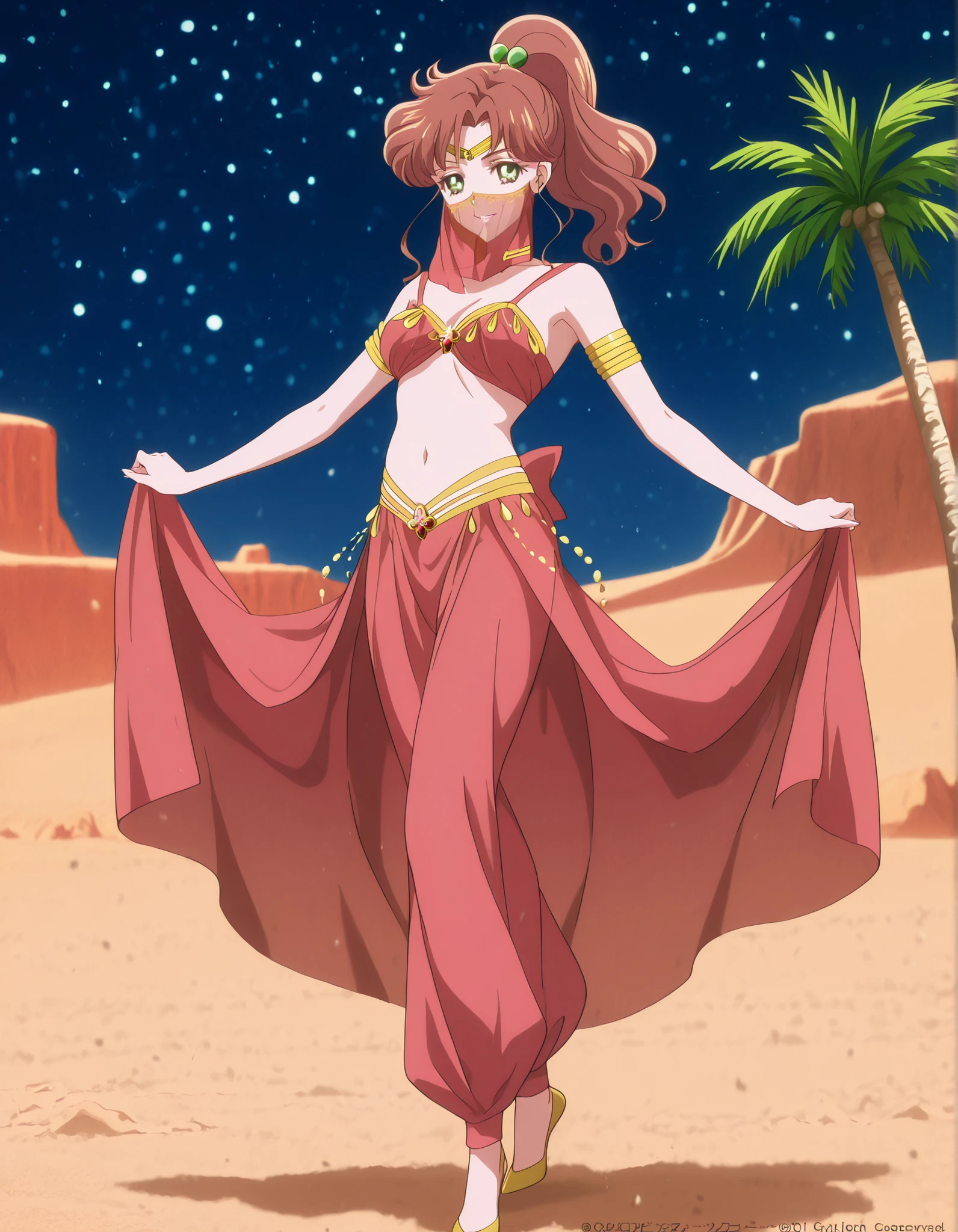 (1girl:1 . 5) , (Seul:1 . 5) , score_9 , score_8_haut , score_7_haut , source_anime , Official work , ultra-detailed , masterpiece , best quality , high resolution , beaux yeux , detailed eyes , Detailed face , beautiful detailed eyes,1girl,medium hair, brown hair, high ponytail, hair ornament, sidelocks, green eyes,Bishoujo Senshi Sailor Moon,Makoto Kino,Arabian Clothes , Arabian Dancer Outfit ,belly dancer costume,belly dancer outfit ,full body,golden jewelery,mouth veil,armlet, belly dancing,night,desert lands,palm tree,seductive smile, dancing with veil, dynamic movement,dance posture, pose