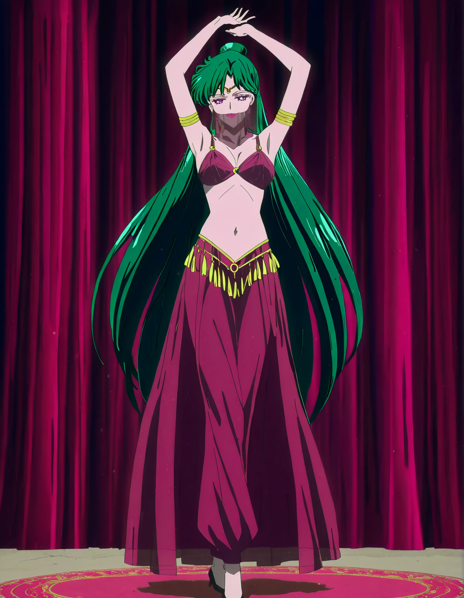 (1girl:1 . 5) , (Seul:1 . 5) , score_9 , score_8_haut , score_7_haut , source_anime , Official work , ultra-detailed , masterpiece , best quality , high resolution , beaux yeux , detailed eyes , Detailed face , beautiful detailed eyes,1girl,very long hair, green hair, single hair bun, purple eyes,Bishoujo Senshi Sailor Moon,Setsuna Meiou,Arabian Clothes , Arabian Dancer Outfit ,belly dancer costume,belly dancer outfit ,full body,golden jewelery,mouth veil,armlet, belly dancing,arabian theater,seductive smile, dancing with veil, dynamic movement,dance posture, seductive pose