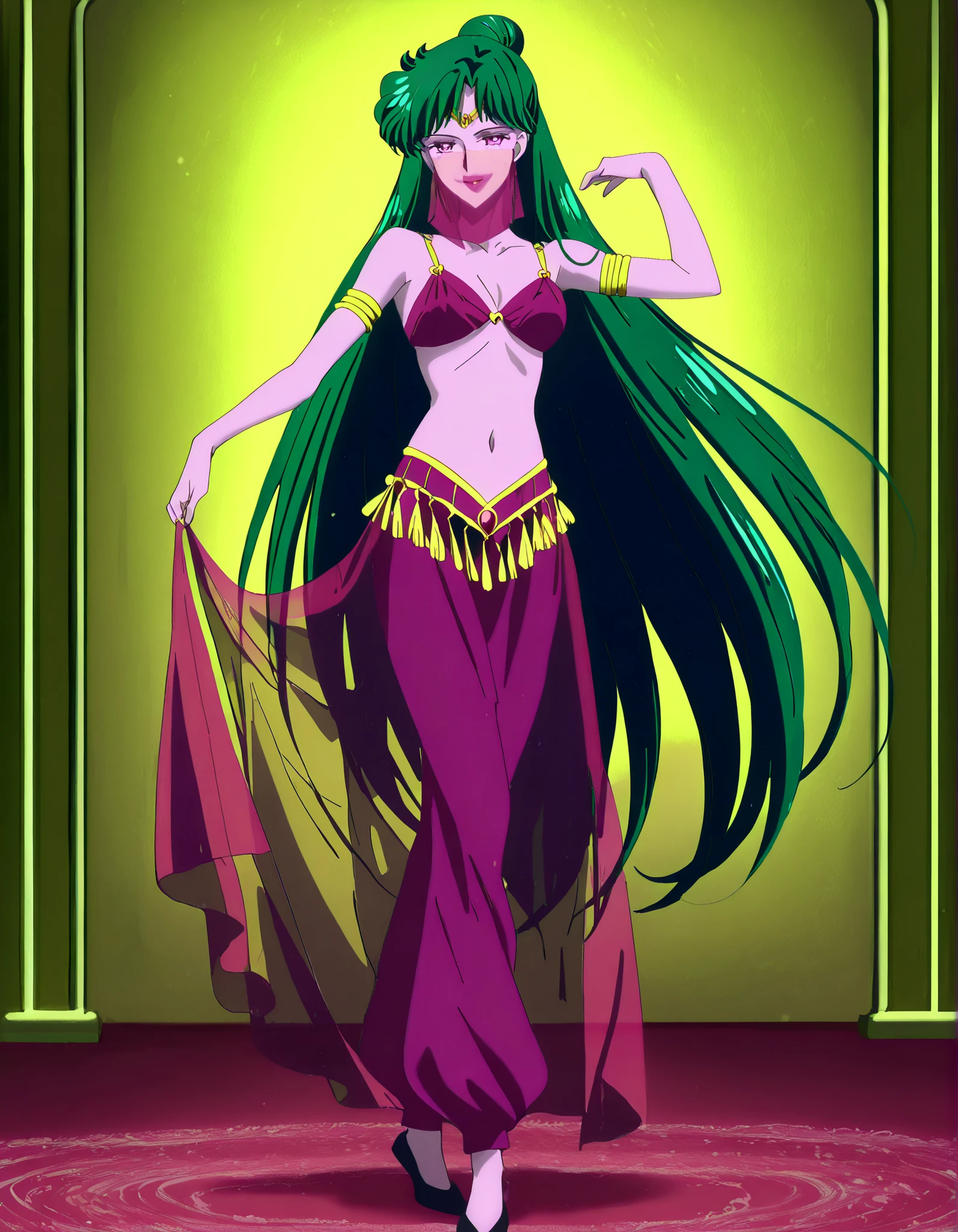 (1girl:1 . 5) , (Seul:1 . 5) , score_9 , score_8_haut , score_7_haut , source_anime , Official work , ultra-detailed , masterpiece , best quality , high resolution , beaux yeux , detailed eyes , Detailed face , beautiful detailed eyes,1girl,very long hair, green hair, single hair bun, purple eyes,Bishoujo Senshi Sailor Moon,Setsuna Meiou,Arabian Clothes , Arabian Dancer Outfit ,belly dancer costume,belly dancer outfit ,full body,golden jewelery,mouth veil,armlet, belly dancing,arabian theater,seductive smile, dancing with veil, dynamic movement,dance posture, seductive pose